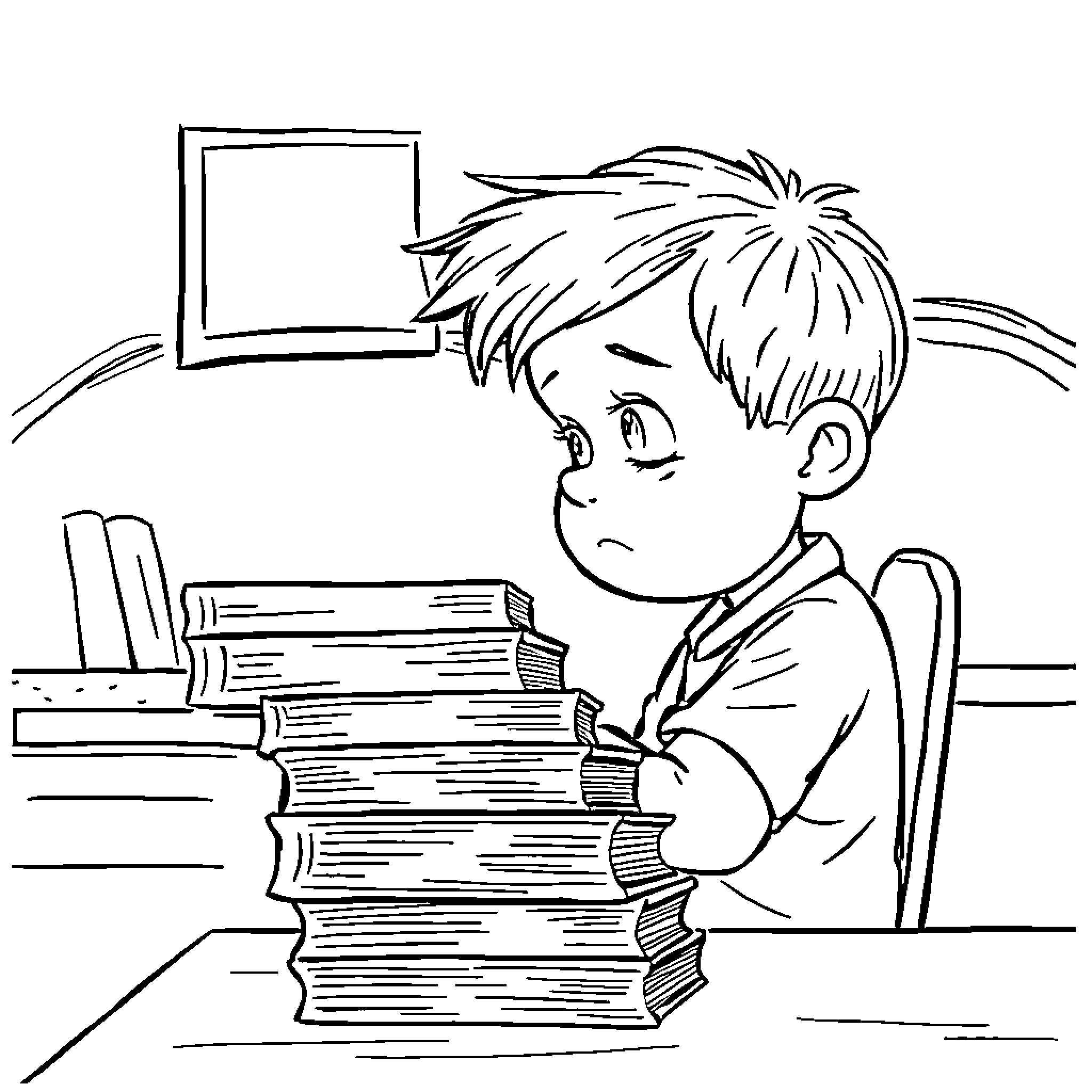 Child studying diligently at desk with books Coloring Page (free black-and-white line drawing printable PDF for all, from beginners to advanced learners, including children, teens, adults, and seniors)