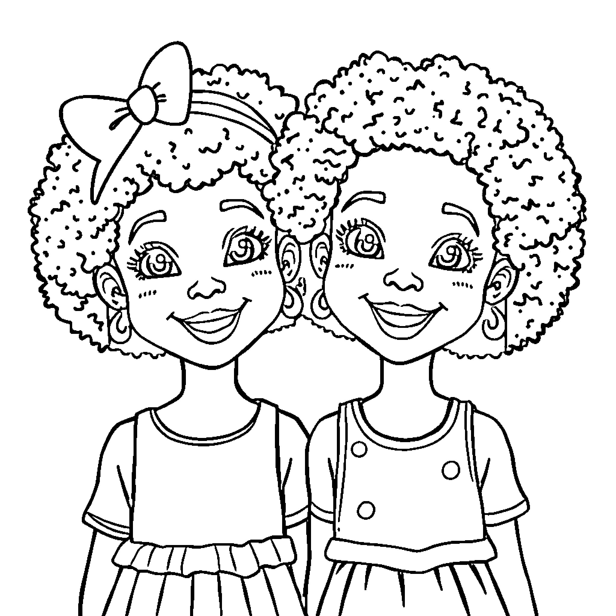 Girl friends with curly hair and friendly expressions Coloring Page (free black-and-white line drawing printable PDF for all, from beginners to advanced learners, including children, teens, adults, and seniors)