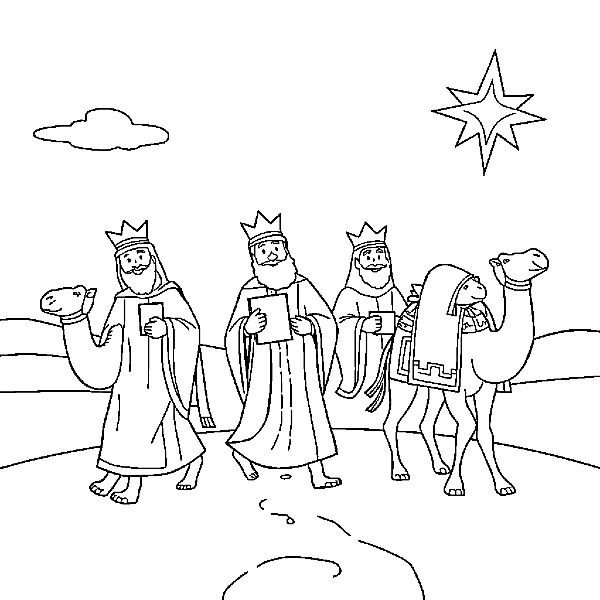 Three Wise Men traveling on camels in the desert Coloring Page (free black-and-white line drawing printable PDF for all, from beginners to advanced learners, including children, teens, adults, and seniors)