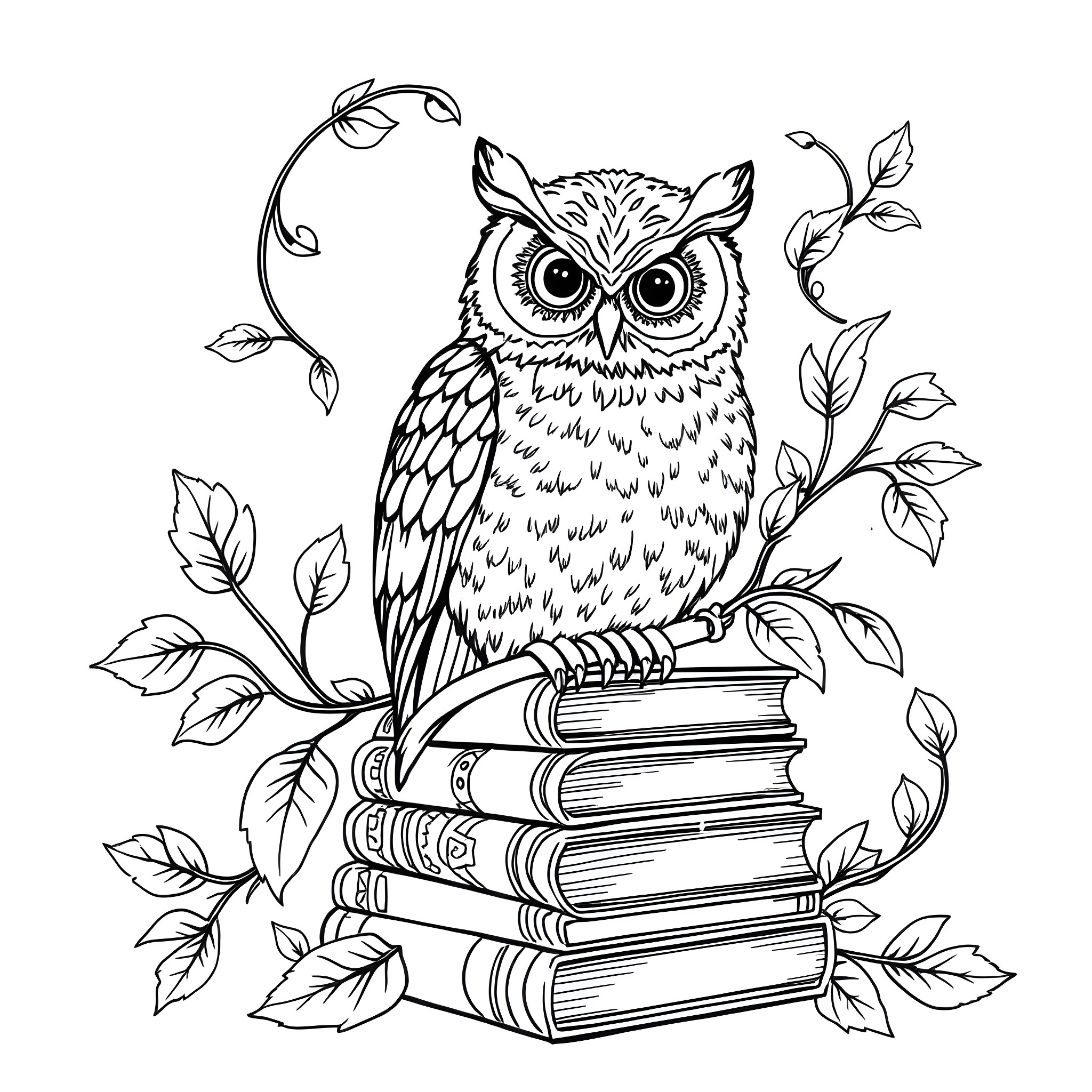 Owl perched on books surrounded by leaves Coloring Page (free black-and-white line drawing printable PDF for all, from beginners to advanced learners, including children, teens, adults, and seniors)