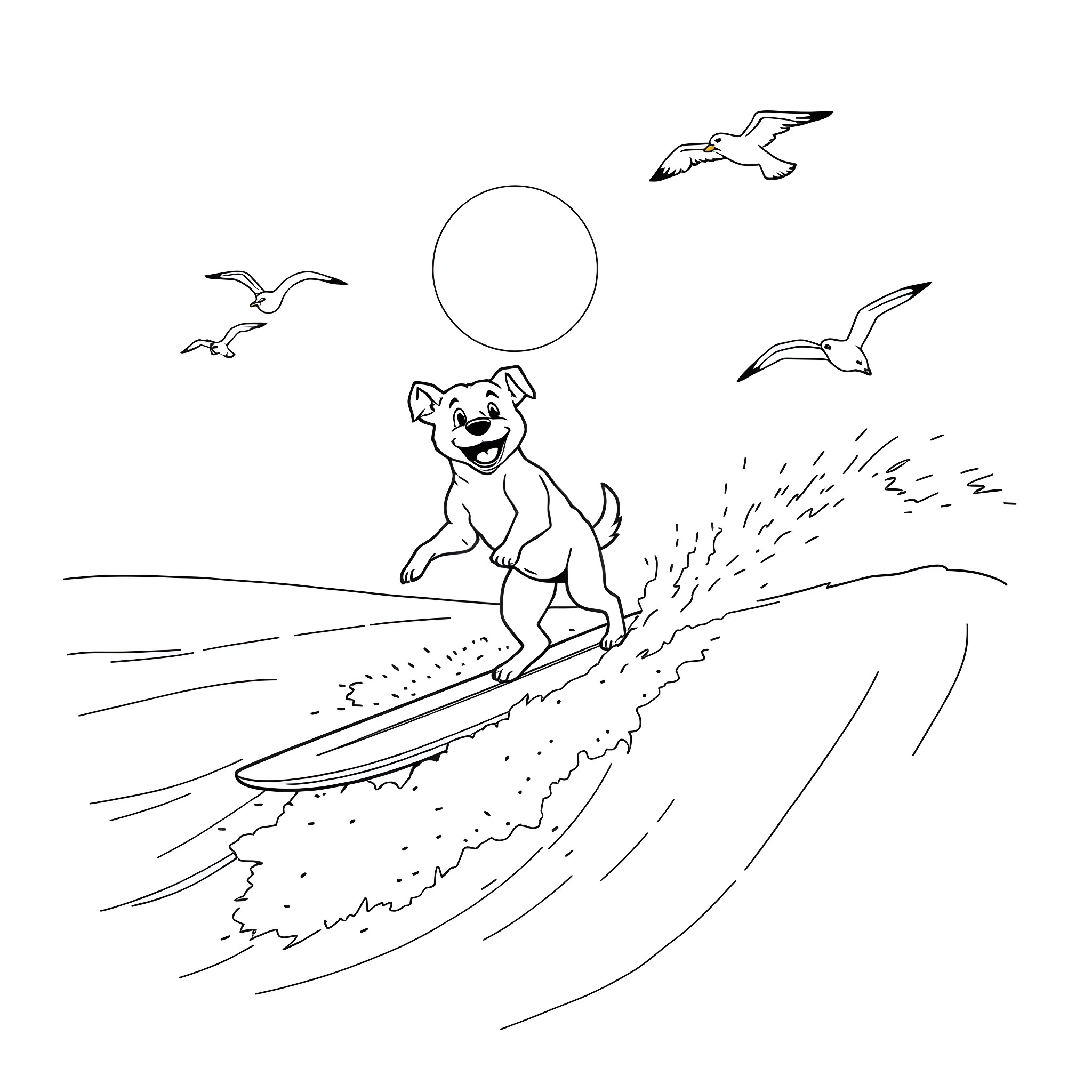 Dog surfing happily on waves with seagulls Coloring Page (free black-and-white line drawing printable PDF for all, from beginners to advanced learners, including children, teens, adults, and seniors)