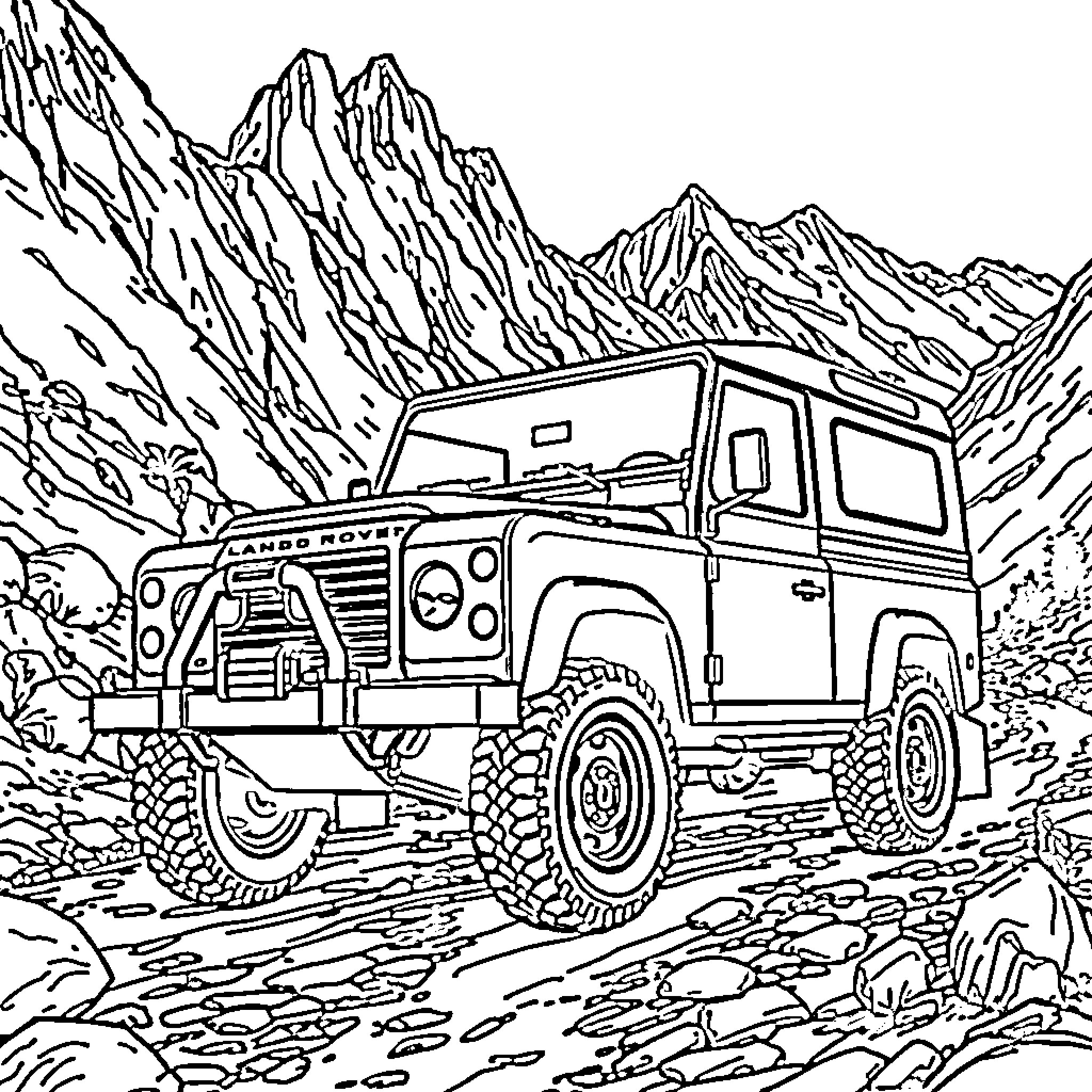 Land Rover exploring rugged mountain terrain Coloring Page (free black-and-white line drawing printable PDF for all, from beginners to advanced learners, including children, teens, adults, and seniors)