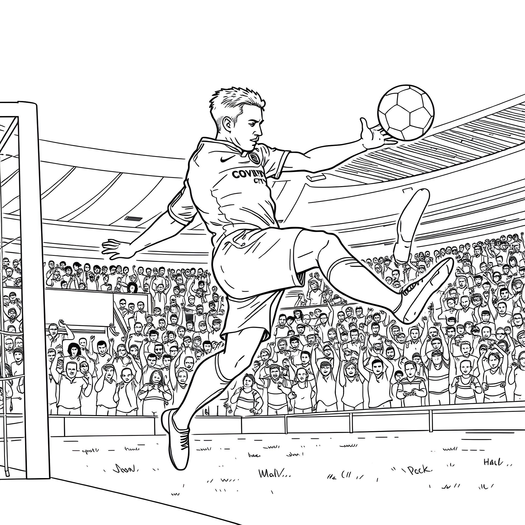 Haji Wright's Acrobatic Soccer Skills in the Stadium Coloring Page (free black-and-white line drawing printable PDF for all, from beginners to advanced learners, including children, teens, adults, and seniors)