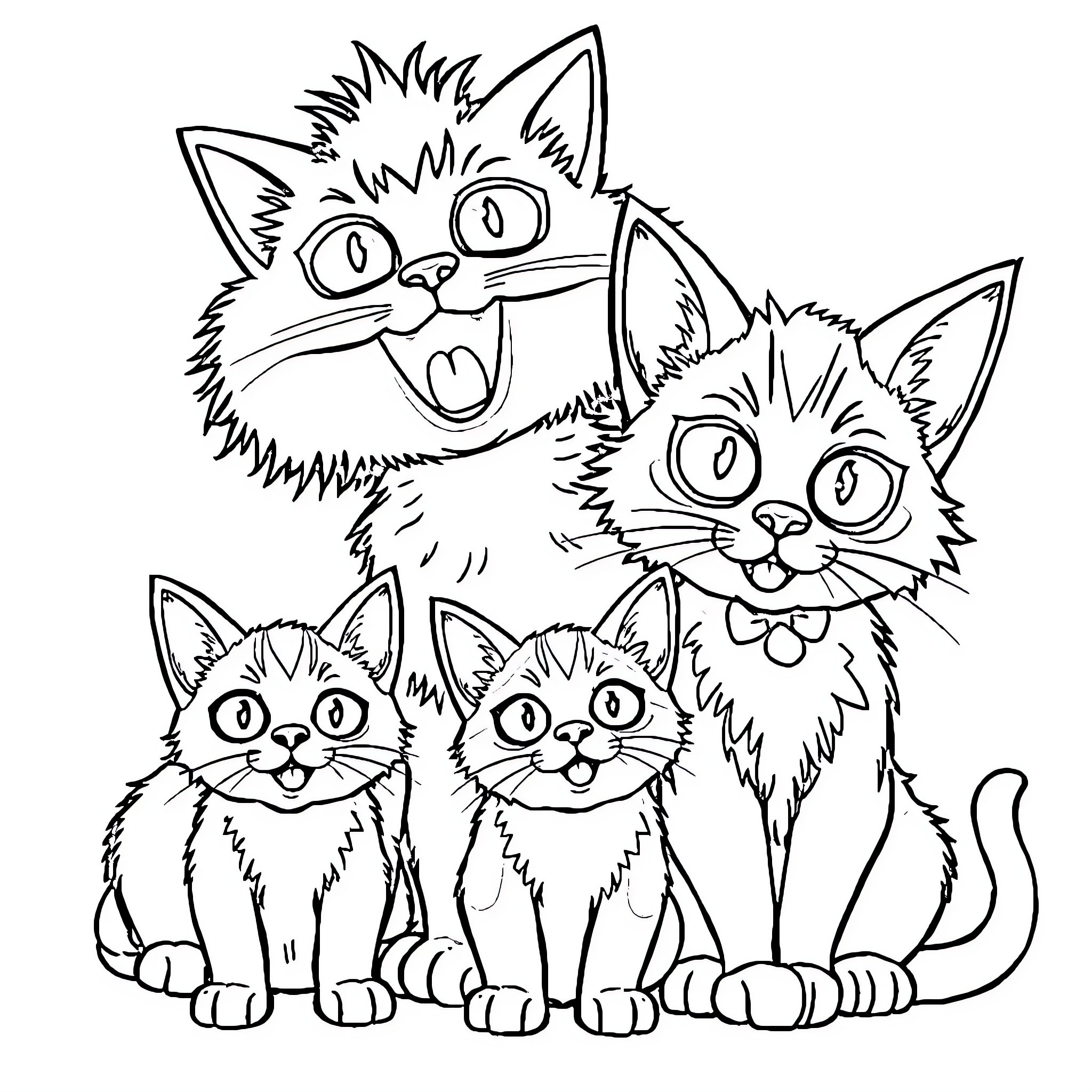 Cat family with playful expressions Coloring Page (free black-and-white line drawing printable PDF for all, from beginners to advanced learners, including children, teens, adults, and seniors)