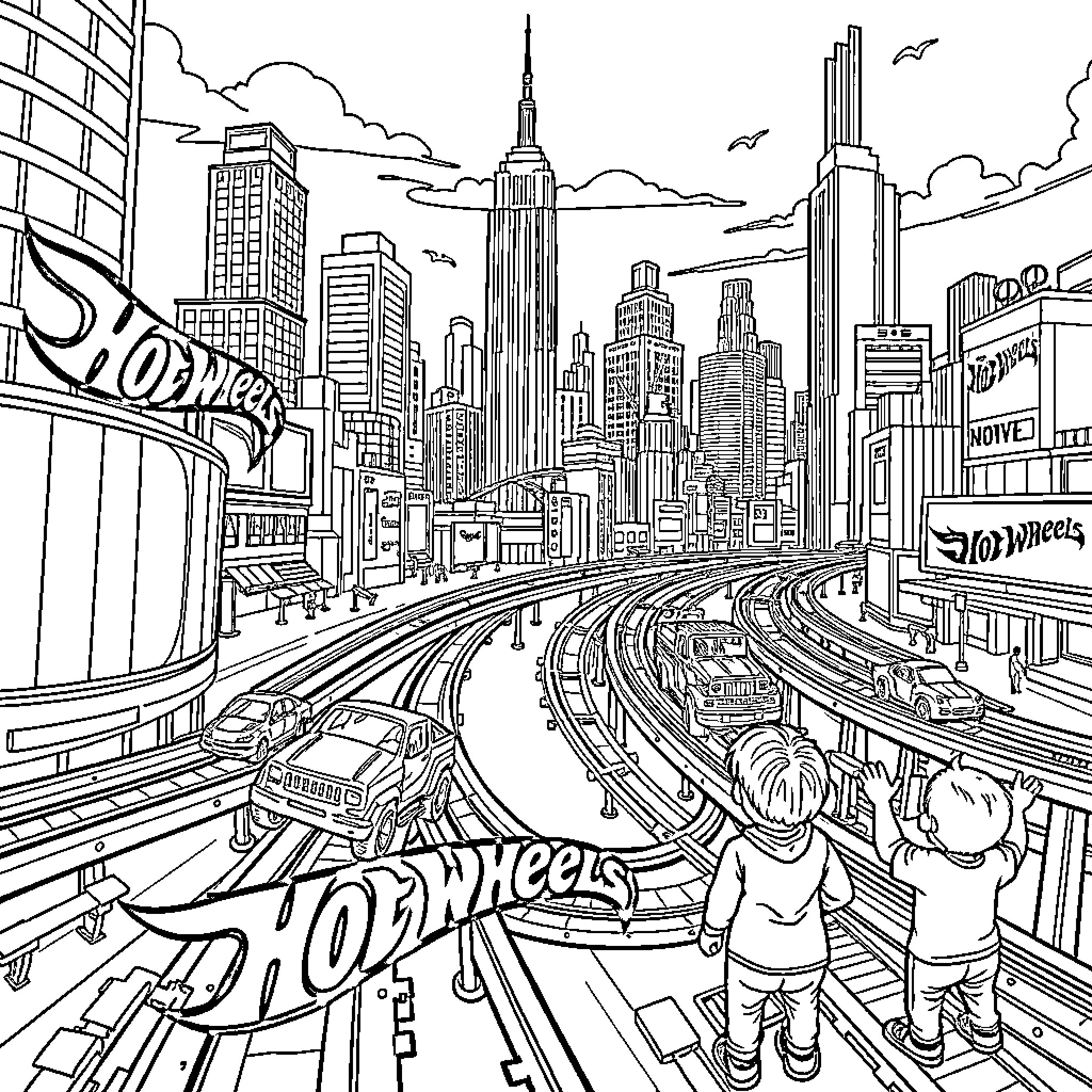 Hot Wheels racing through the bustling city streets Coloring Page (free black-and-white line drawing printable PDF for all, from beginners to advanced learners, including children, teens, adults, and seniors)