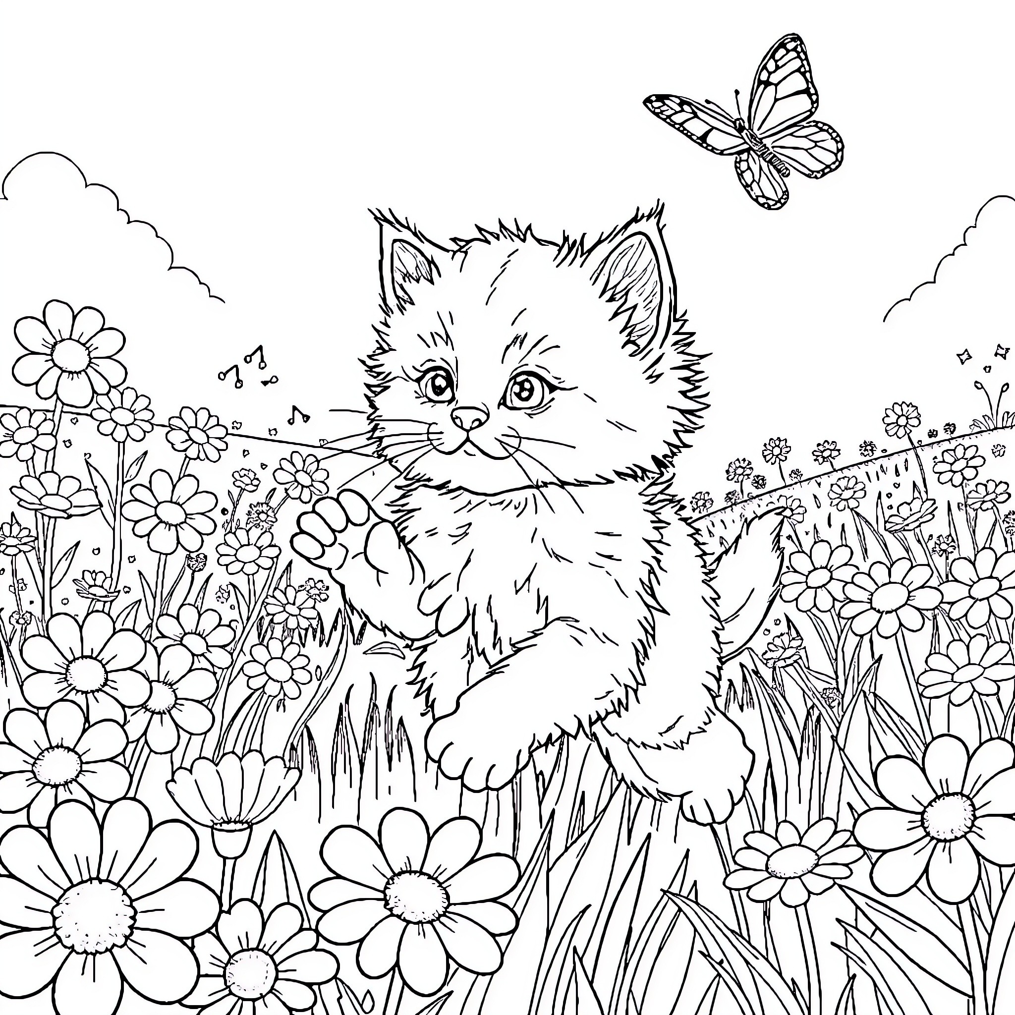 Kitten exploring a floral meadow Coloring Page (free black-and-white line drawing printable PDF for all, from beginners to advanced learners, including children, teens, adults, and seniors)