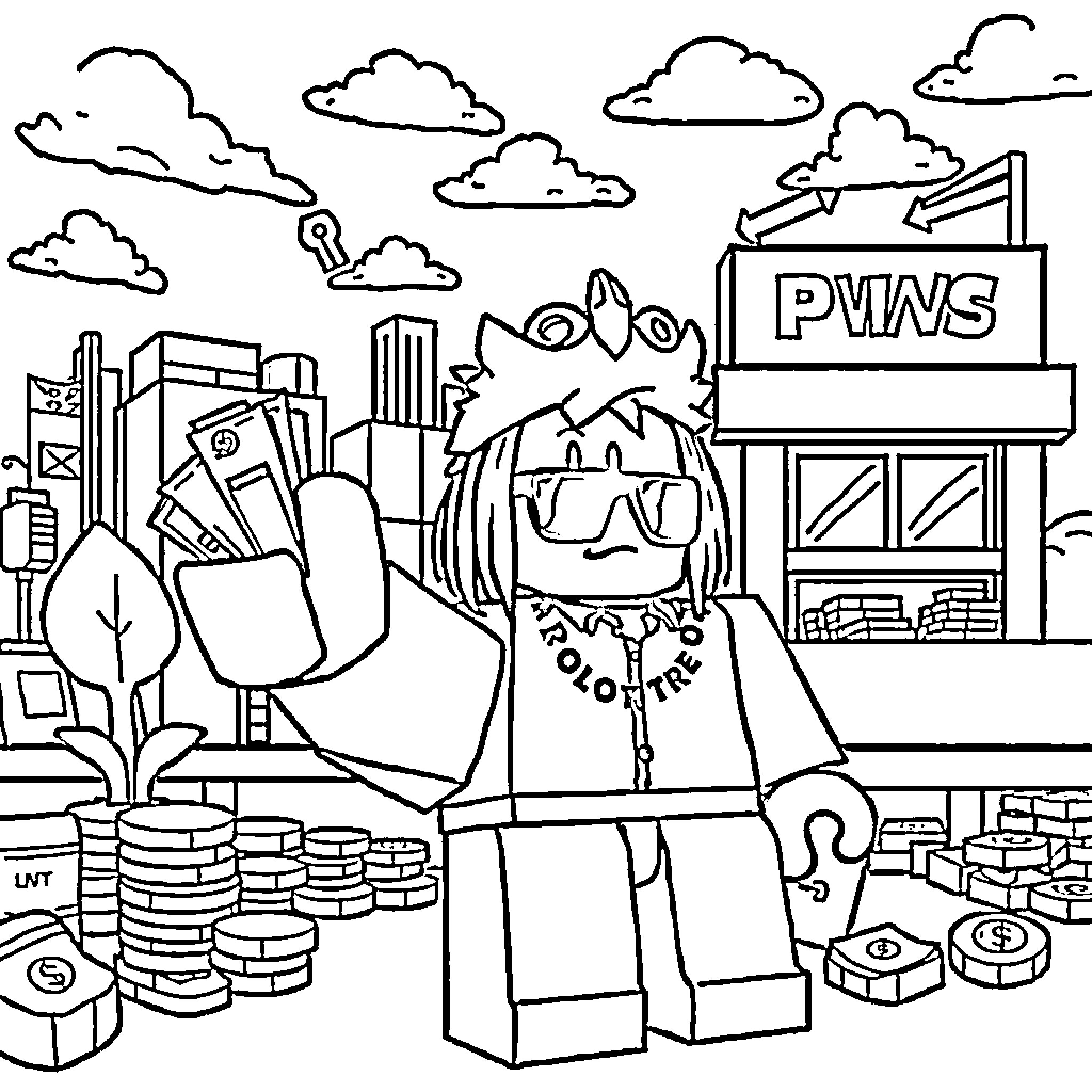 Roblox character exploring the city Coloring Page (free black-and-white line drawing printable PDF for all, from beginners to advanced learners, including children, teens, adults, and seniors)