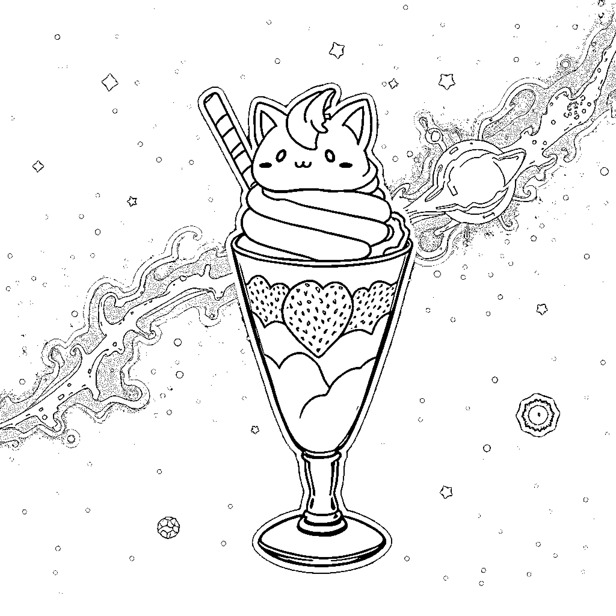 Sundae Featuring Cute Cartoon Cat Topping Coloring Page (free black-and-white line drawing printable PDF for all, from beginners to advanced learners, including children, teens, adults, and seniors)