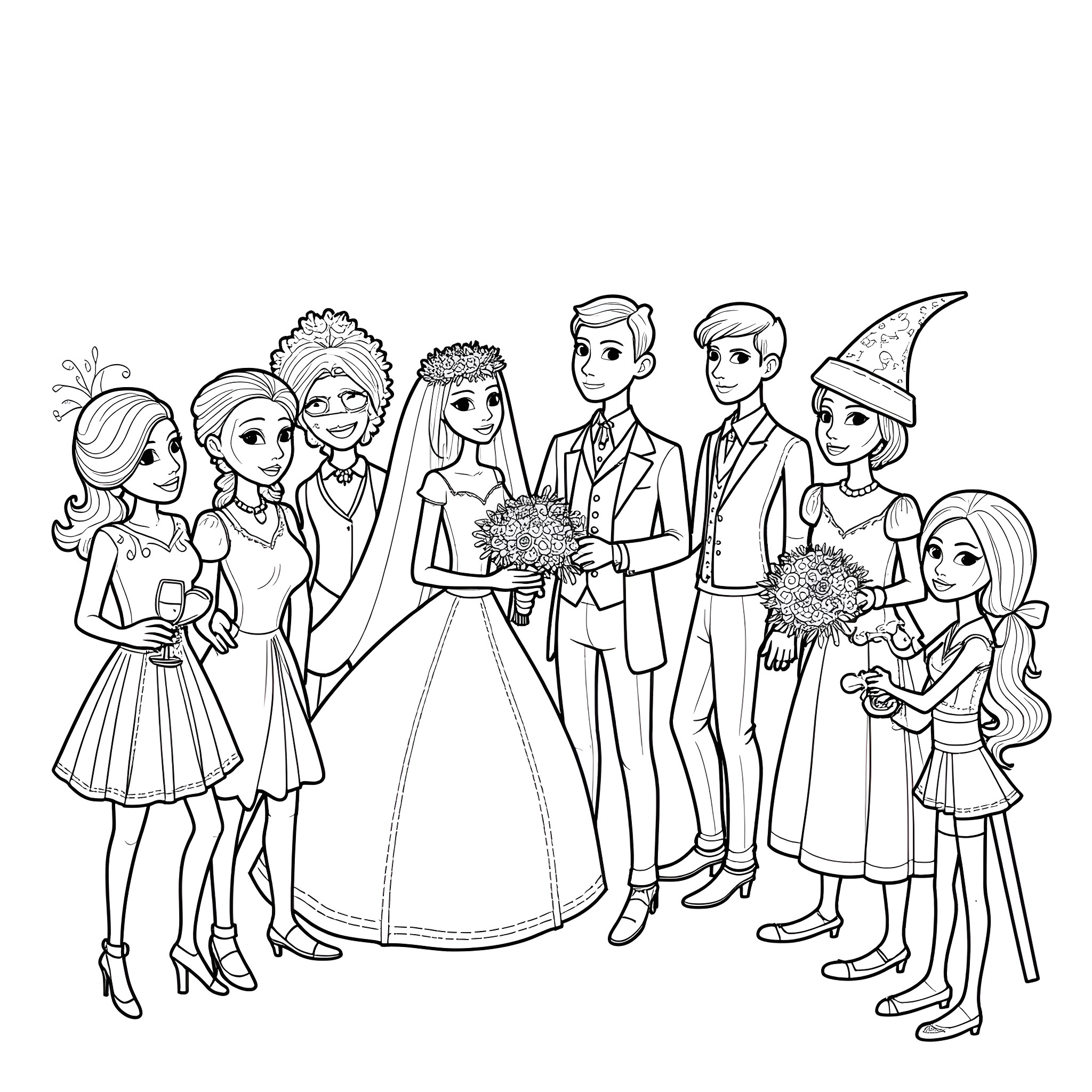 Gothic Wedding Ceremony with Bridal Party Coloring Page (free black-and-white line drawing printable PDF for all, from beginners to advanced learners, including children, teens, adults, and seniors)