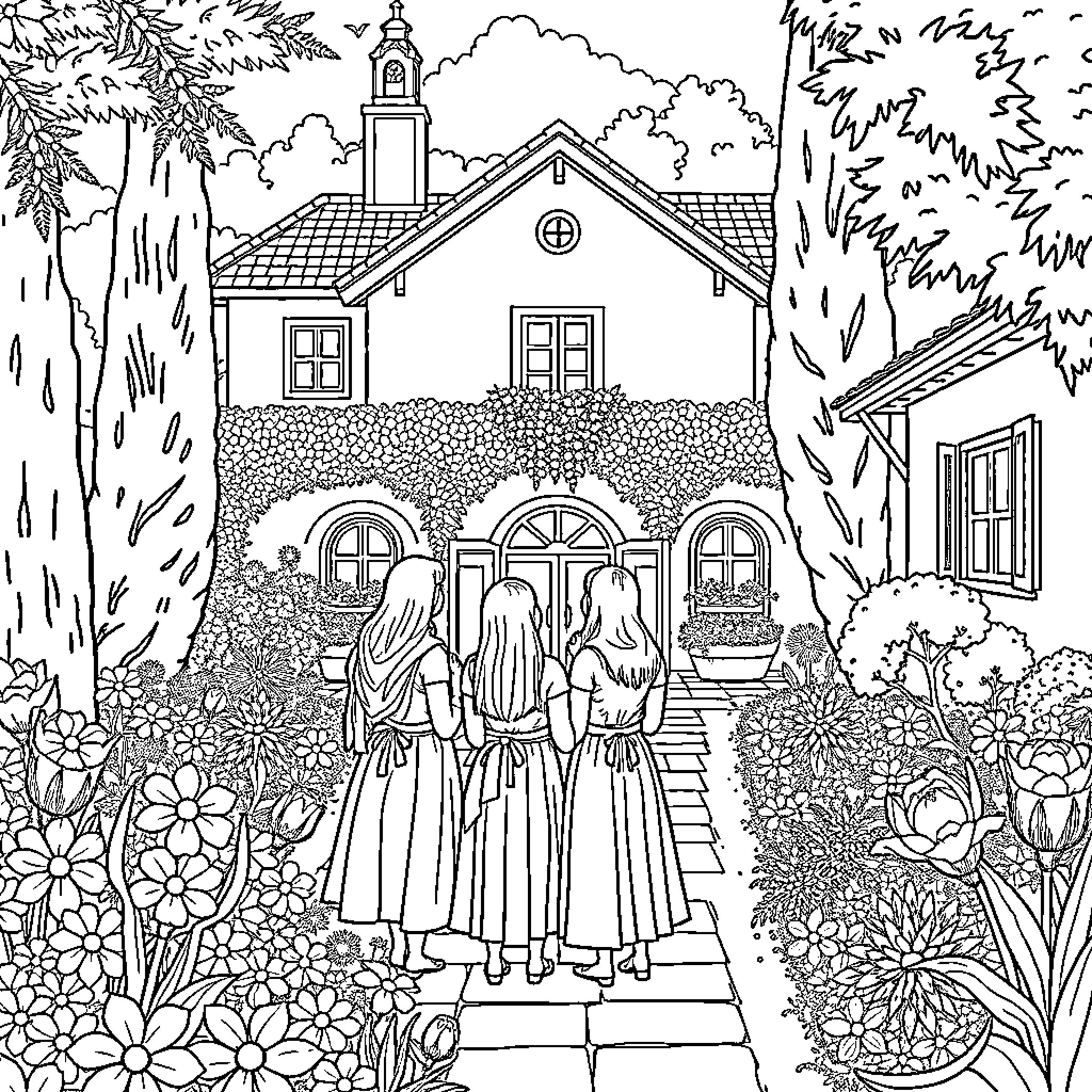 Sisters Strolling Through Charming Cottage Garden Coloring Page (free black-and-white line drawing printable PDF for all, from beginners to advanced learners, including children, teens, adults, and seniors)