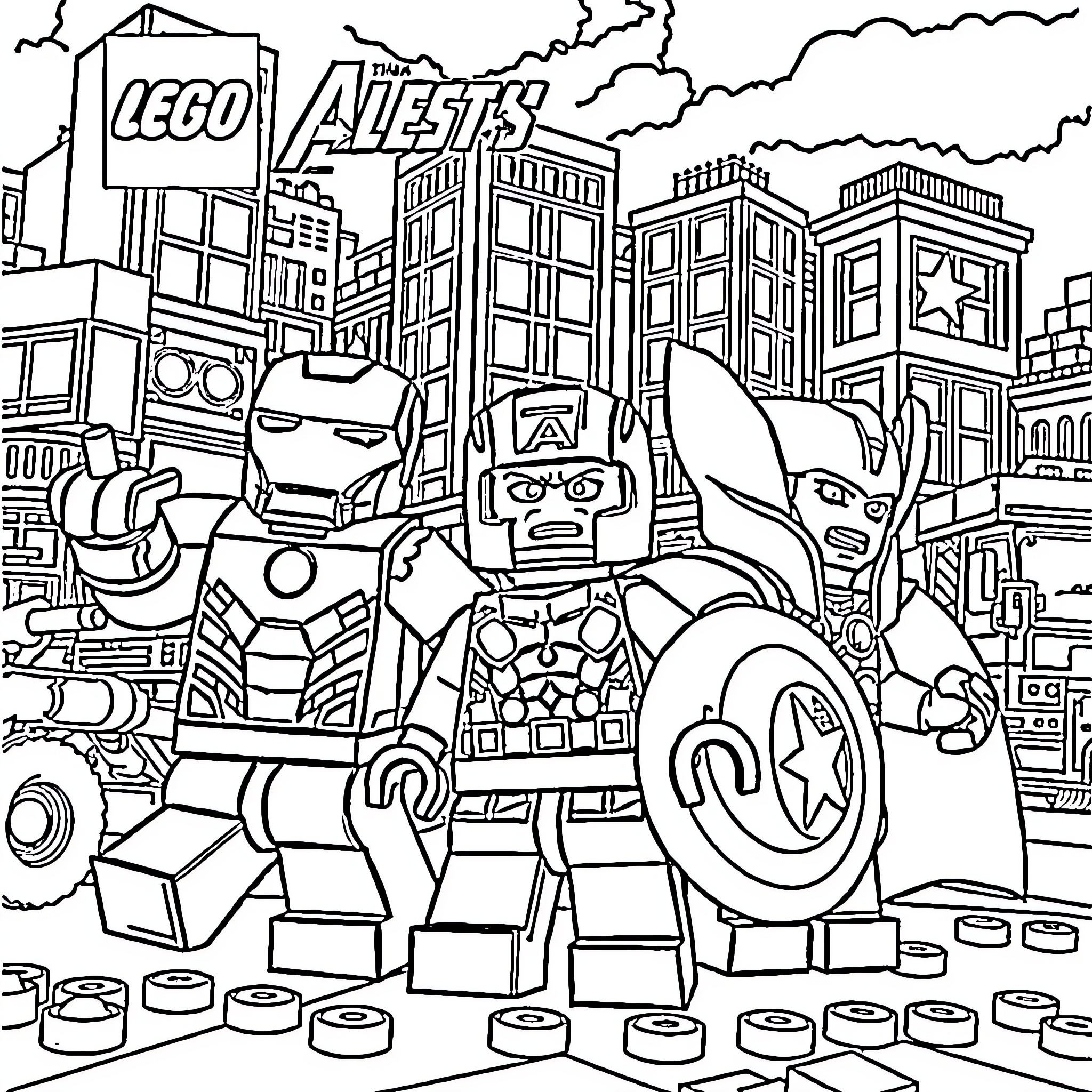 Lego Avengers in action-packed city scene Coloring Page (free black-and-white line drawing printable PDF for all, from beginners to advanced learners, including children, teens, adults, and seniors)
