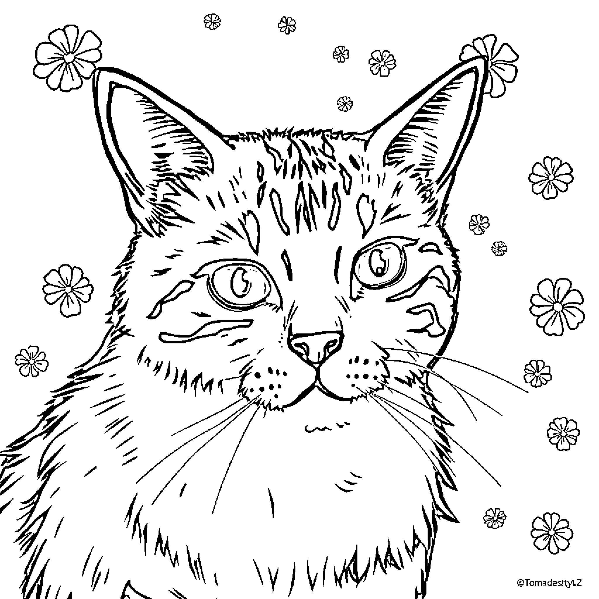 Computer Illustration of Playful Feline with Flowers Coloring Page (free black-and-white line drawing printable PDF for all, from beginners to advanced learners, including children, teens, adults, and seniors)