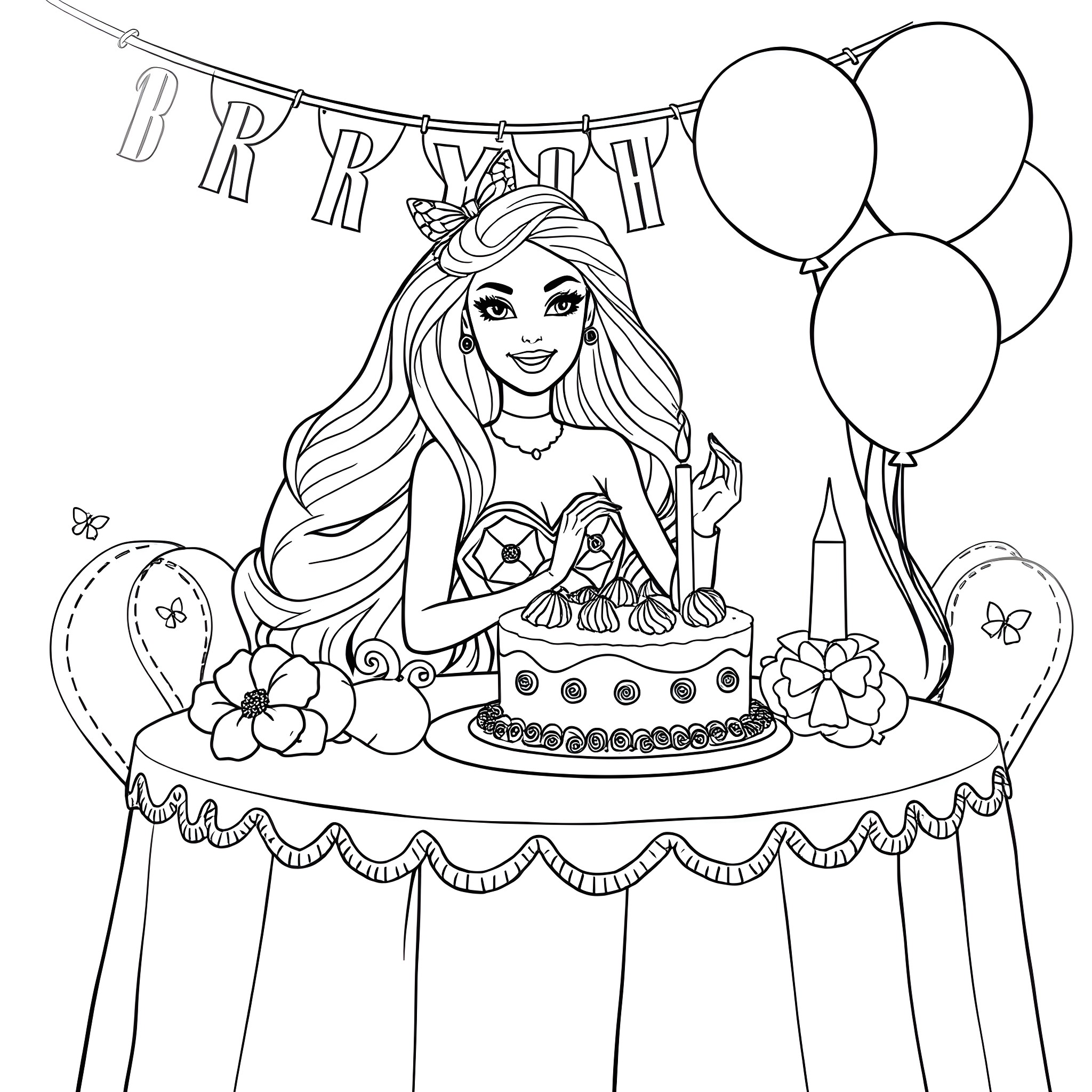 Barbie celebrating a birthday party with a cake and balloons Coloring Page (free black-and-white line drawing printable PDF for all, from beginners to advanced learners, including children, teens, adults, and seniors)