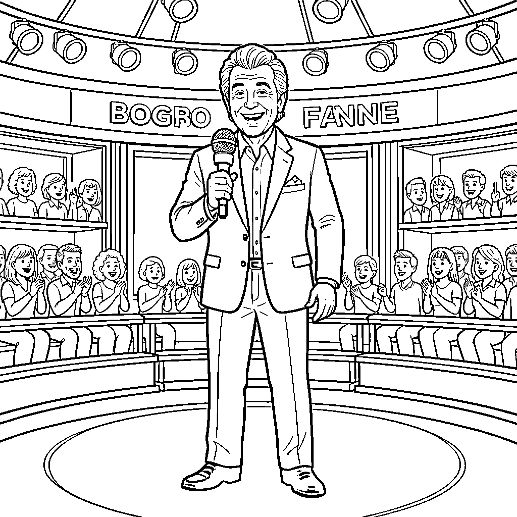 Bob Barker holding a microphone on a television stage Coloring Page (free black-and-white line drawing printable PDF for all, from beginners to advanced learners, including children, teens, adults, and seniors)