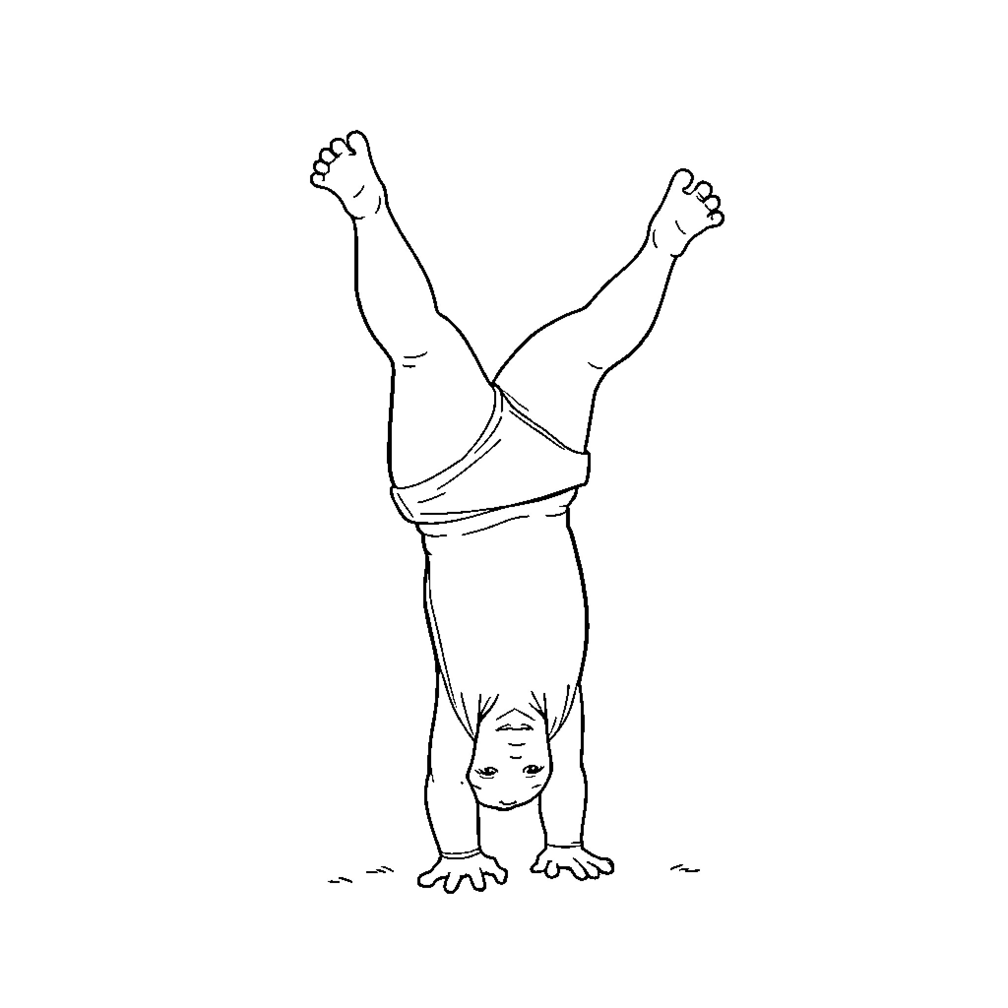 Baby doing a handstand with joy Coloring Page (free black-and-white line drawing printable PDF for all, from beginners to advanced learners, including children, teens, adults, and seniors)
