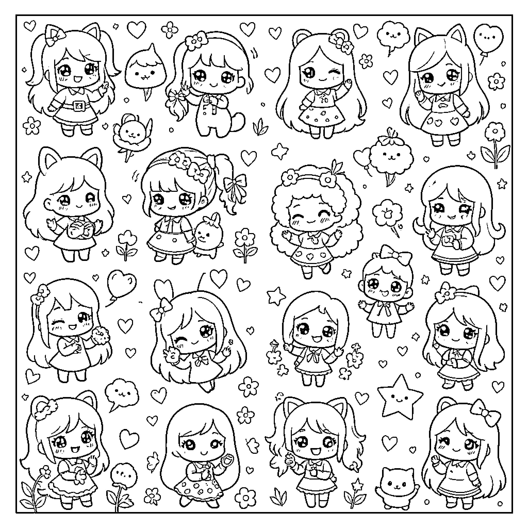 Kawuai Cute Cartoon Girls with Pets and Accessories Coloring Page (free black-and-white line drawing printable PDF for all, from beginners to advanced learners, including children, teens, adults, and seniors)