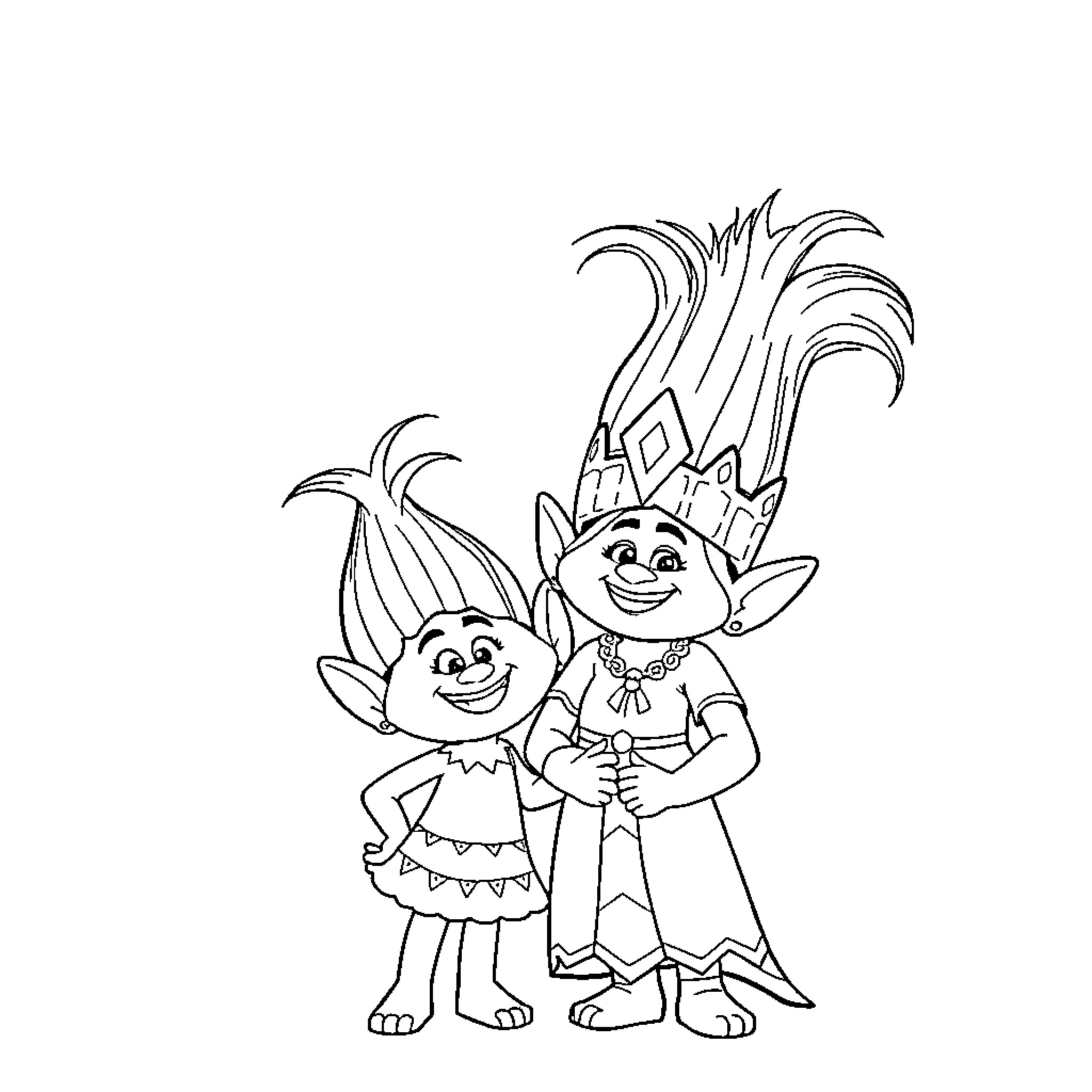 Poppy and Branch from Trolls in a Colorful Scene Coloring Page (free black-and-white line drawing printable PDF for all, from beginners to advanced learners, including children, teens, adults, and seniors)