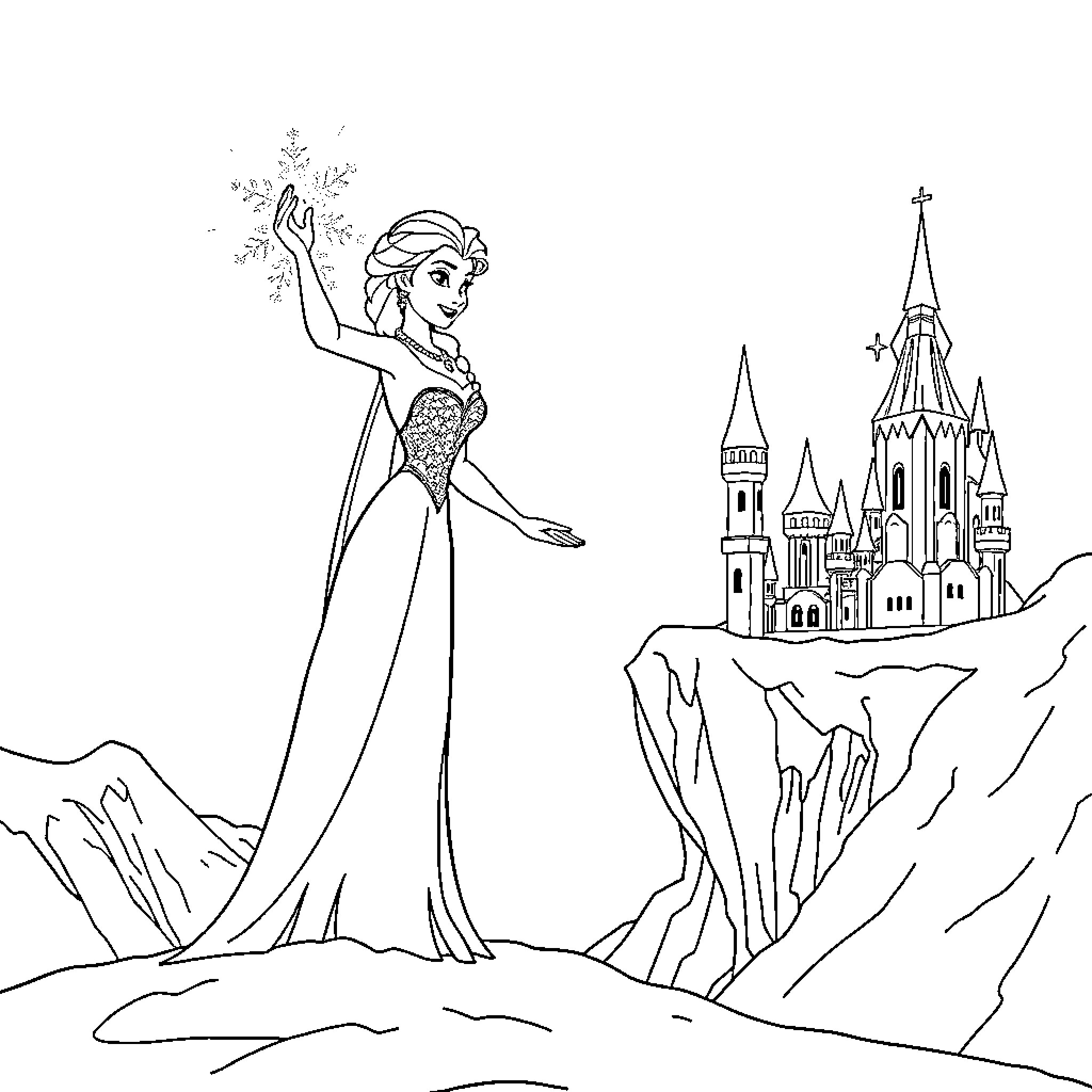 Elsa's Majestic Pose in Icy Wonderland Coloring Page (free black-and-white line drawing printable PDF for all, from beginners to advanced learners, including children, teens, adults, and seniors)