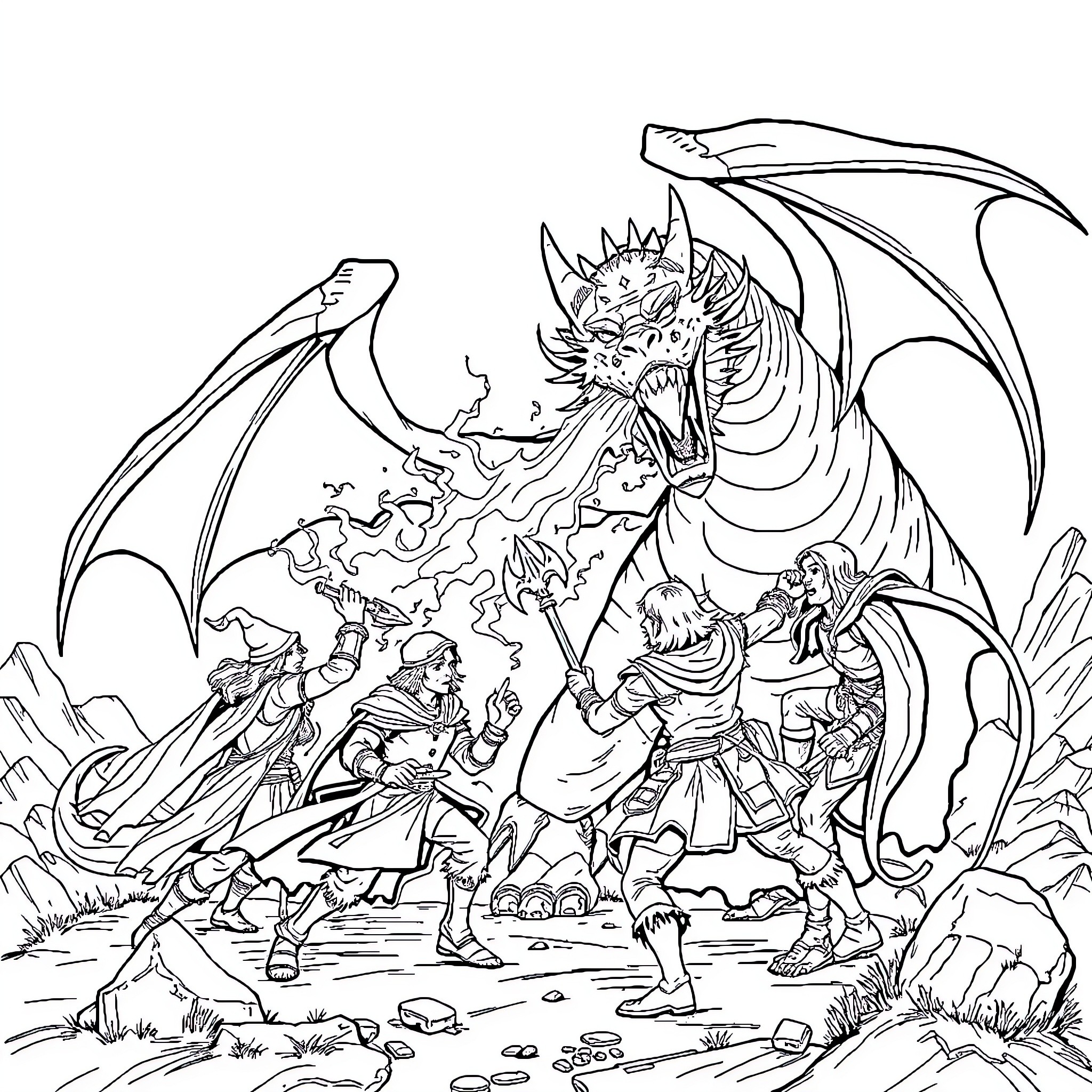Adventurer Confronts Fearsome Dragon in Epic Battle Coloring Page (free black-and-white line drawing printable PDF for all, from beginners to advanced learners, including children, teens, adults, and seniors)