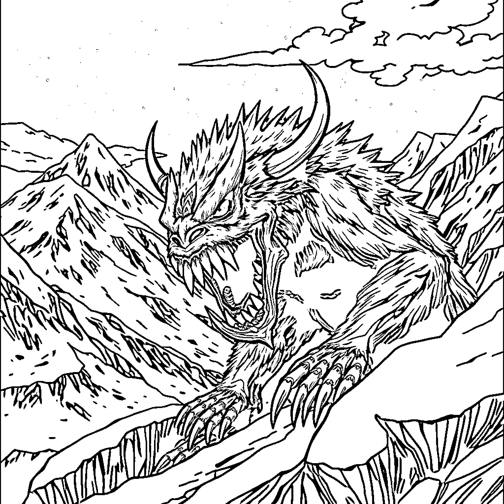 Monster Unleashing Destructive Power in Rugged Landscape Coloring Page (free black-and-white line drawing printable PDF for all, from beginners to advanced learners, including children, teens, adults, and seniors)