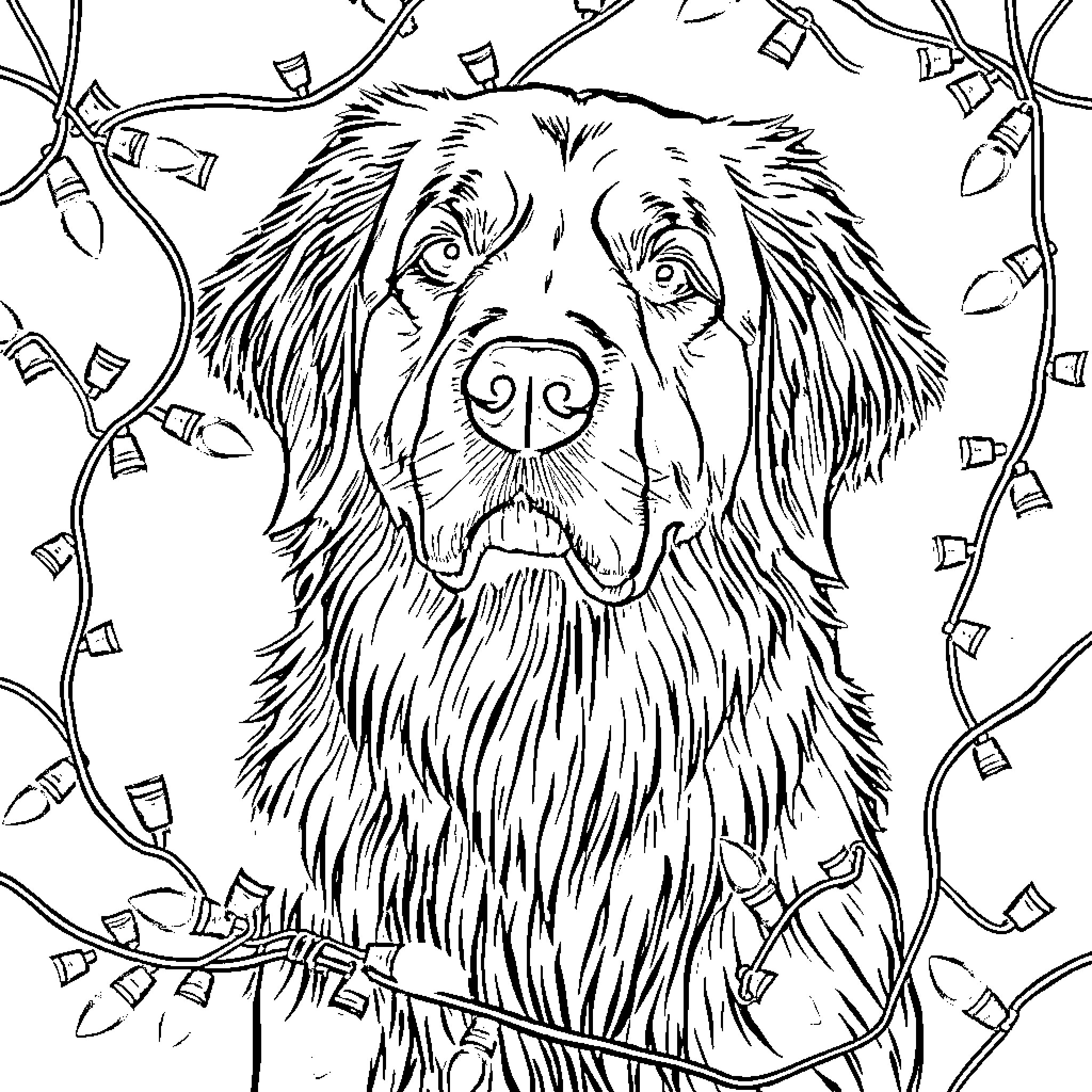Golden Retriever surrounded by holiday lights Coloring Page (free black-and-white line drawing printable PDF for all, from beginners to advanced learners, including children, teens, adults, and seniors)