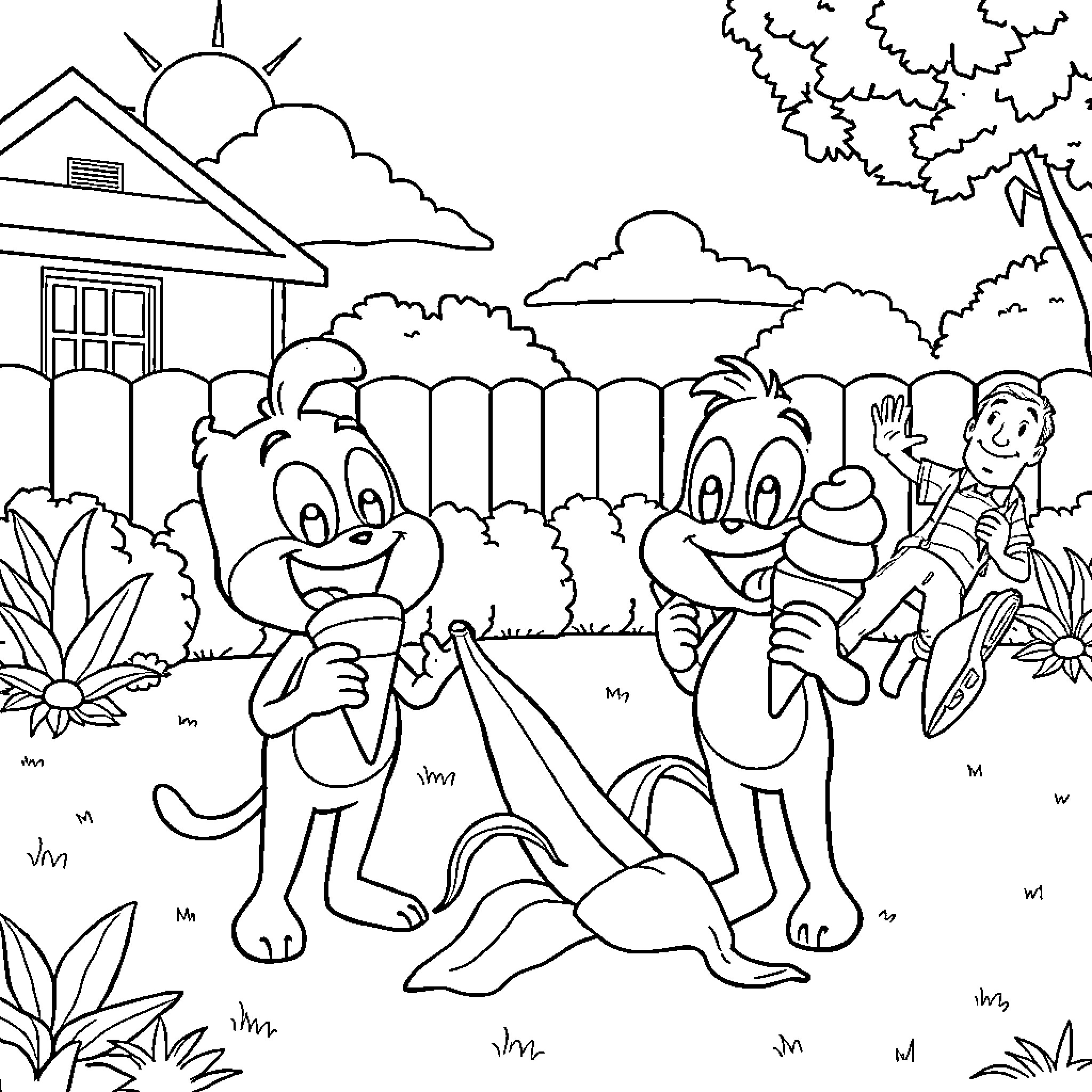 Bluey's Adventure in the Backyard Coloring Page (free black-and-white line drawing printable PDF for all, from beginners to advanced learners, including children, teens, adults, and seniors)