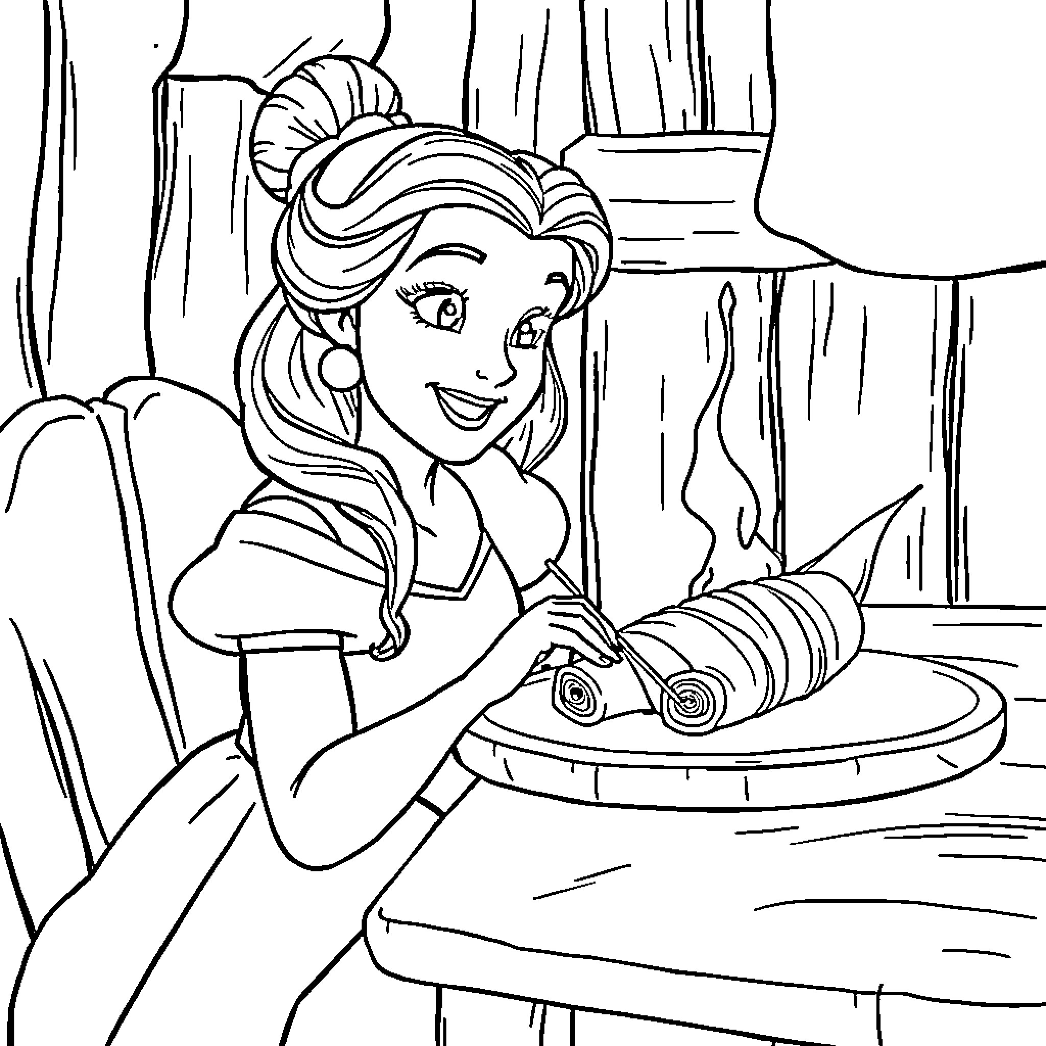 Princess Preparing Delicious Meal in Kitchen Coloring Page (free black-and-white line drawing printable PDF for all, from beginners to advanced learners, including children, teens, adults, and seniors)