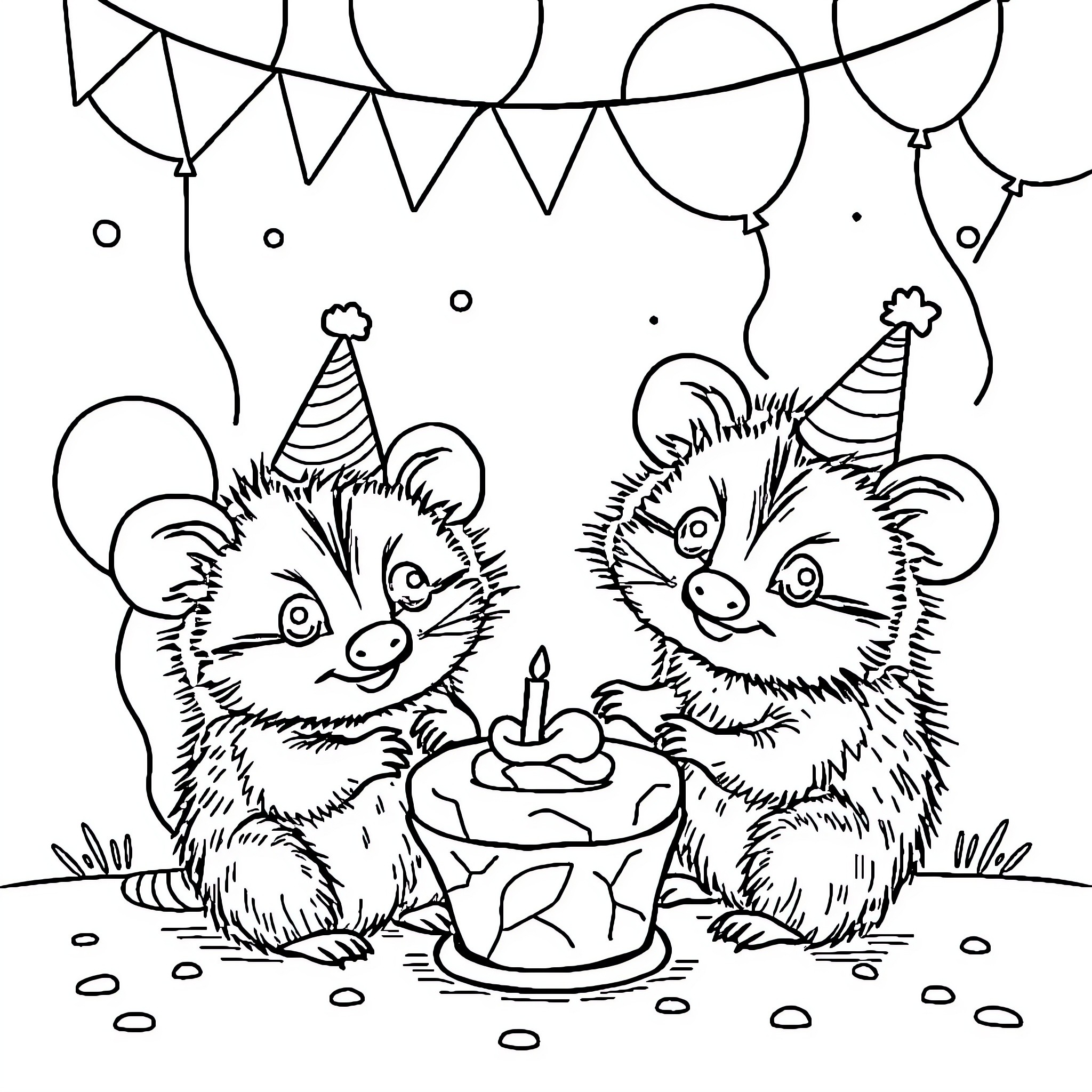 Opossum Celebrating Birthday with Cupcake Coloring Page (free black-and-white line drawing printable PDF for all, from beginners to advanced learners, including children, teens, adults, and seniors)