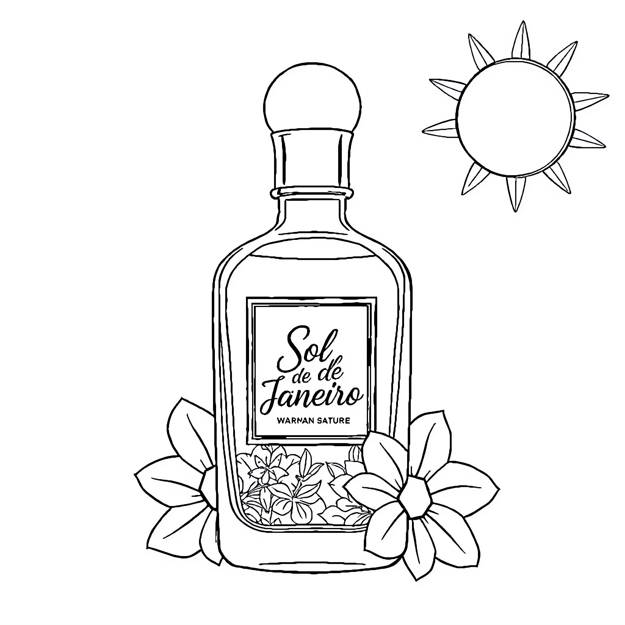 Perfume bottle with floral accents in the sun Coloring Page (free black-and-white line drawing printable PDF for all, from beginners to advanced learners, including children, teens, adults, and seniors)