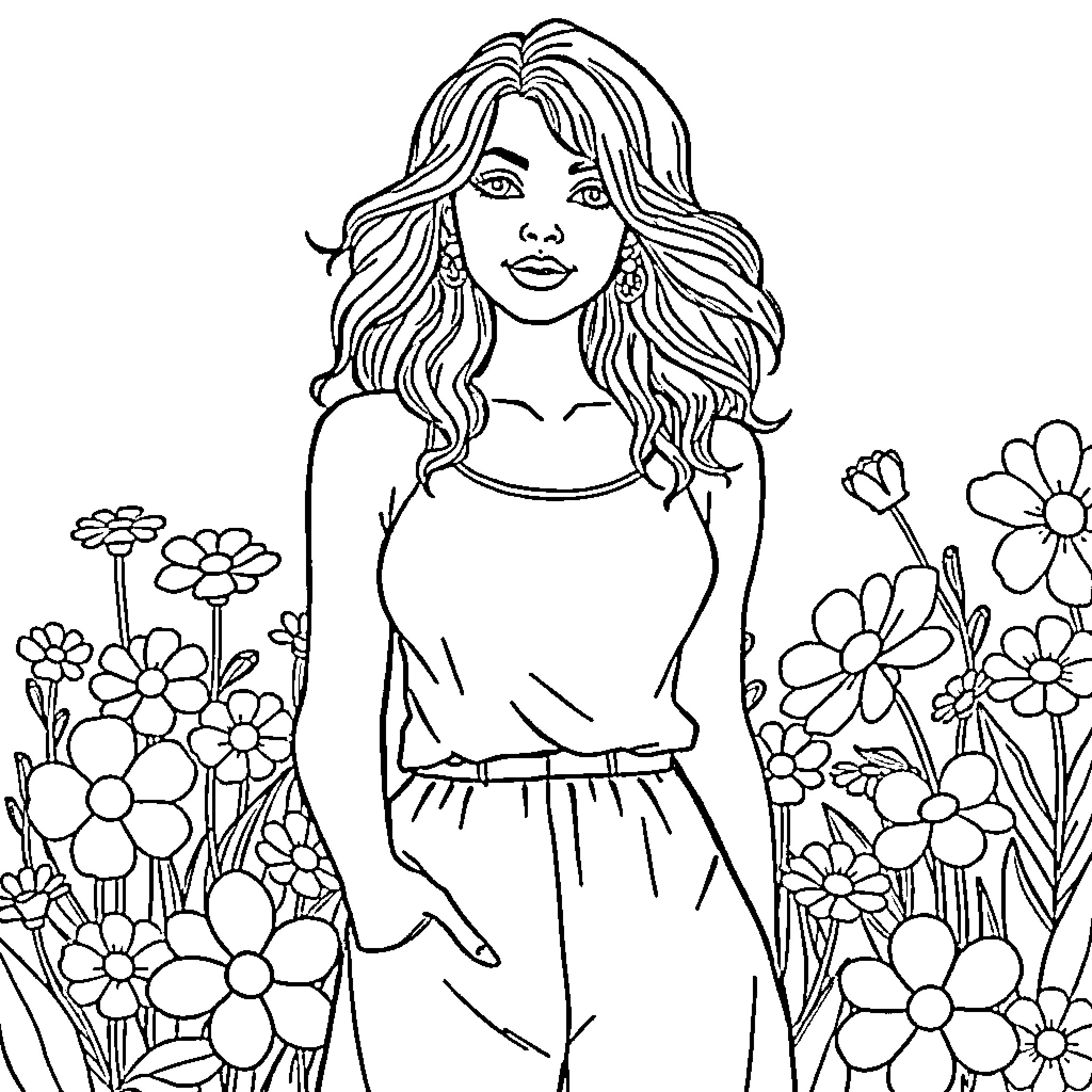 Woman admiring the floral garden Coloring Page (free black-and-white line drawing printable PDF for all, from beginners to advanced learners, including children, teens, adults, and seniors)
