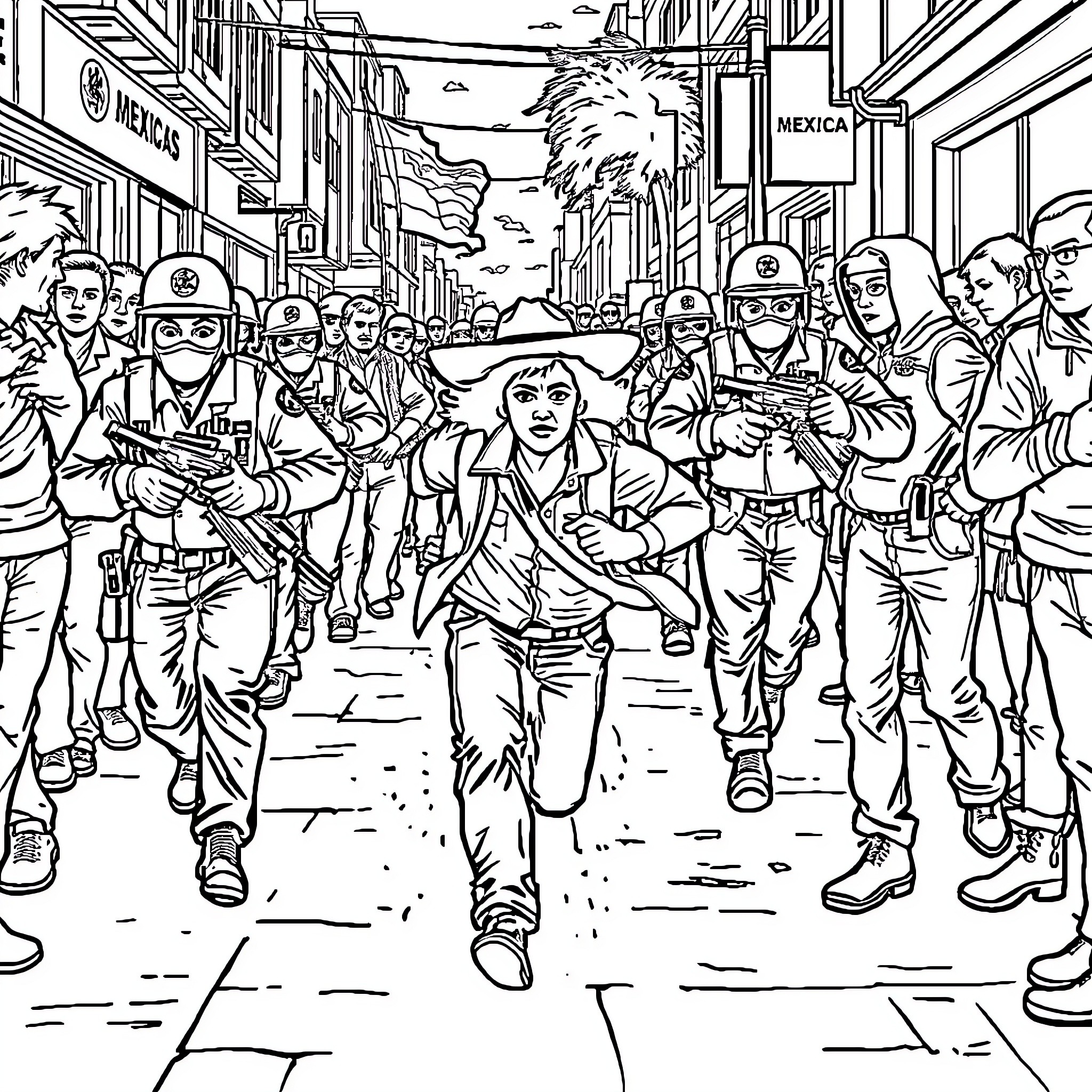 Mexican Revolutionaries Fighting for Independence Coloring Page (free black-and-white line drawing printable PDF for all, from beginners to advanced learners, including children, teens, adults, and seniors)