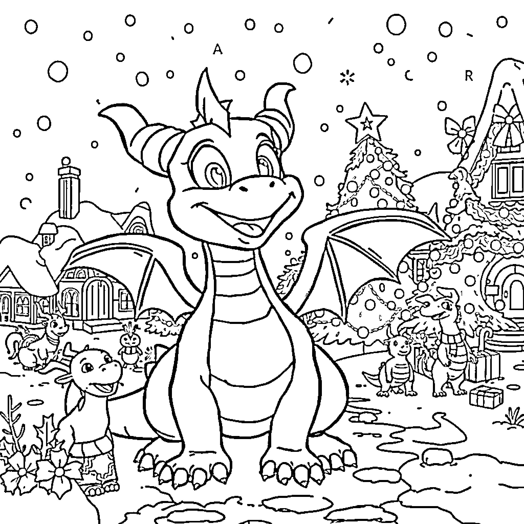 Dragon Enjoying a Winter Wonderland Scene Coloring Page (free black-and-white line drawing printable PDF for all, from beginners to advanced learners, including children, teens, adults, and seniors)