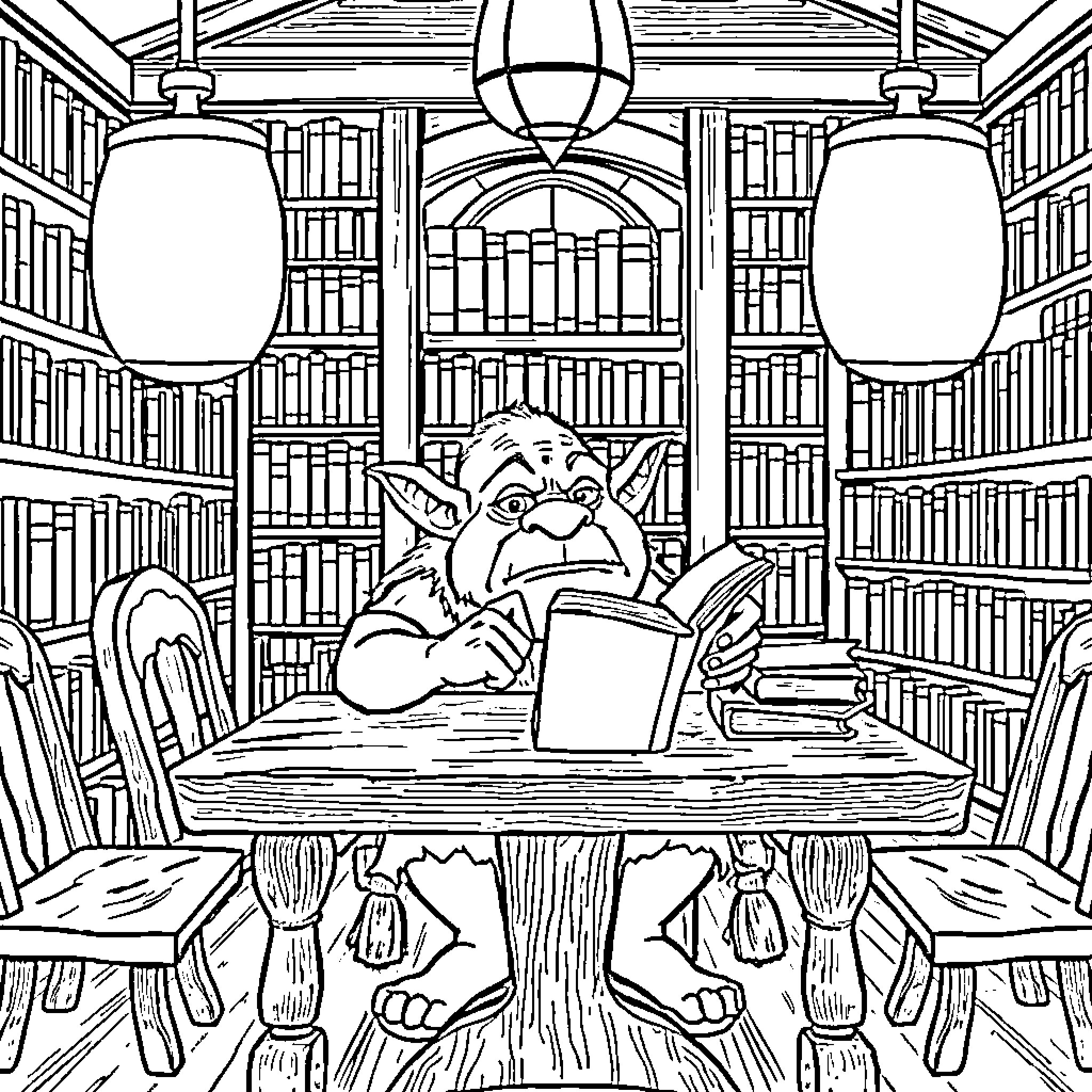 Ogre reading books in the library Coloring Page (free black-and-white line drawing printable PDF for all, from beginners to advanced learners, including children, teens, adults, and seniors)