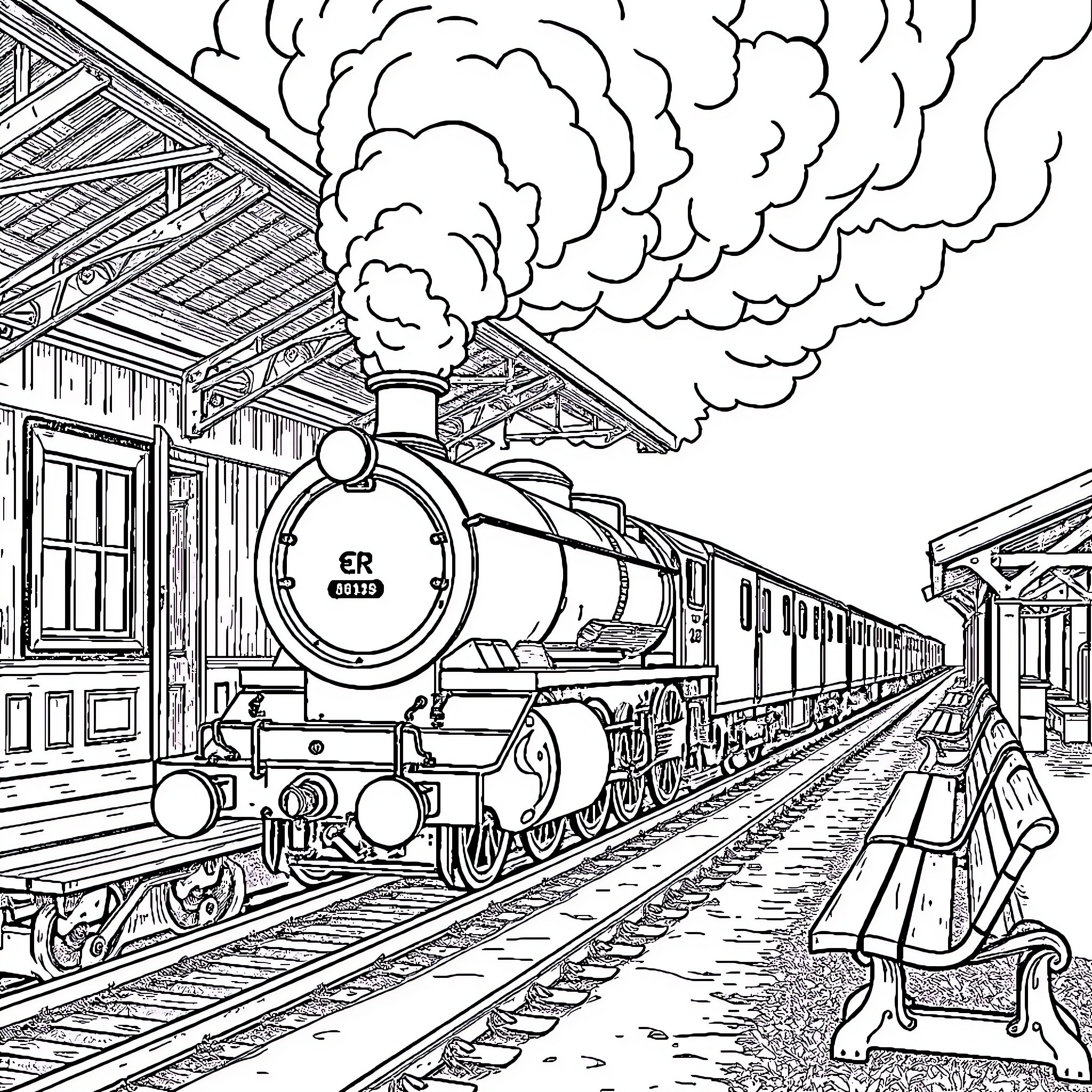 Steamtrain leaving station with billowing steam Coloring Page (free black-and-white line drawing printable PDF for all, from beginners to advanced learners, including children, teens, adults, and seniors)