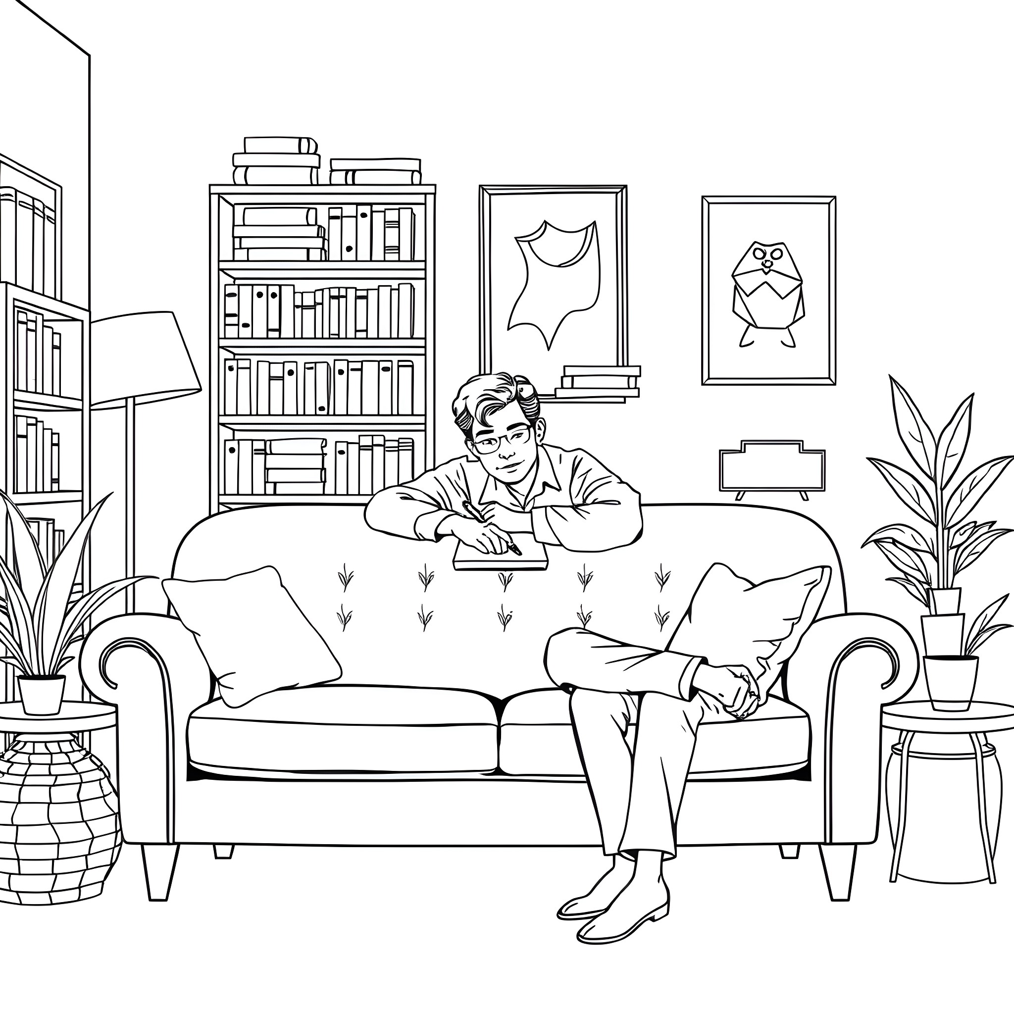 Psychologist working thoughtfully in their cozy office Coloring Page (free black-and-white line drawing printable PDF for all, from beginners to advanced learners, including children, teens, adults, and seniors)