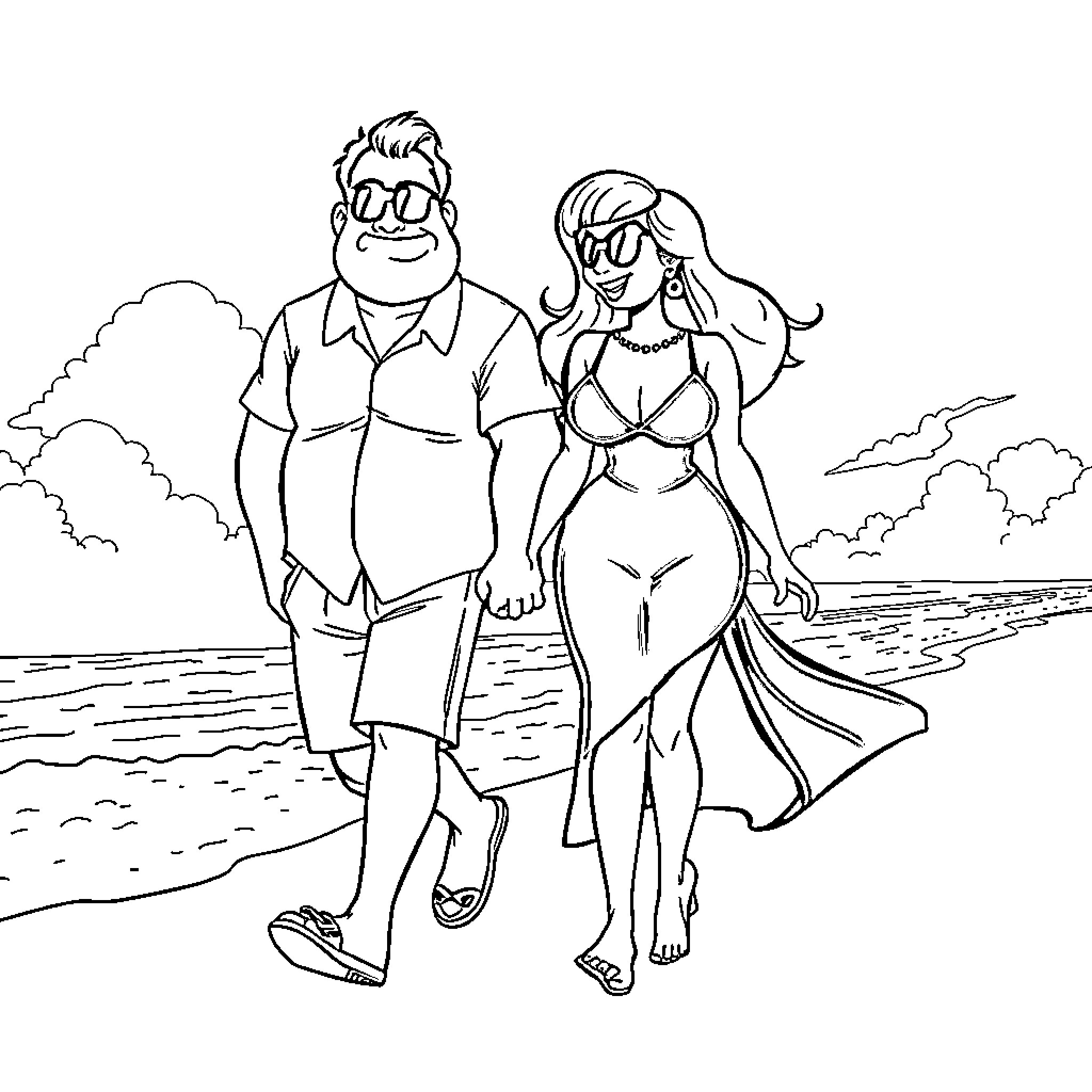 Gomez and Morticia's Beach Stroll Coloring Page (free black-and-white line drawing printable PDF for all, from beginners to advanced learners, including children, teens, adults, and seniors)
