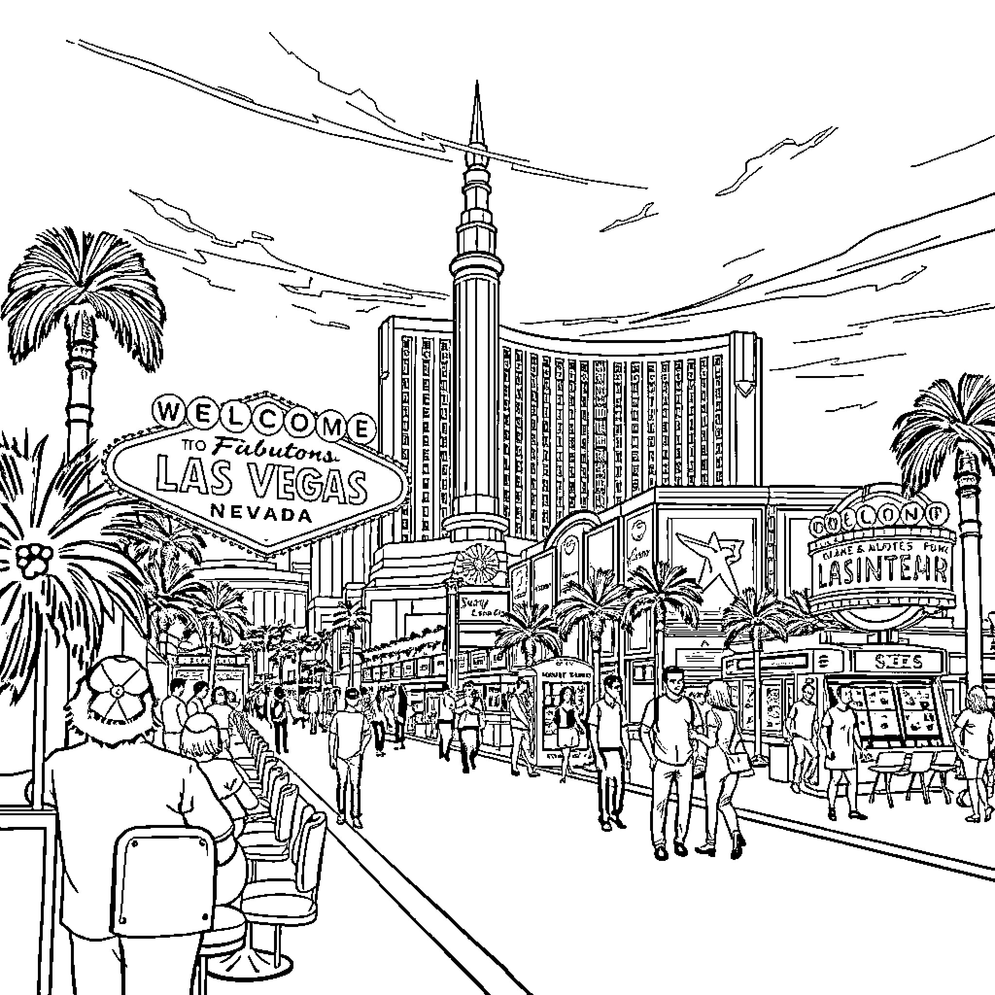 Las Vegas Cityscape with Iconic Landmarks and Crowds Coloring Page (free black-and-white line drawing printable PDF for all, from beginners to advanced learners, including children, teens, adults, and seniors)