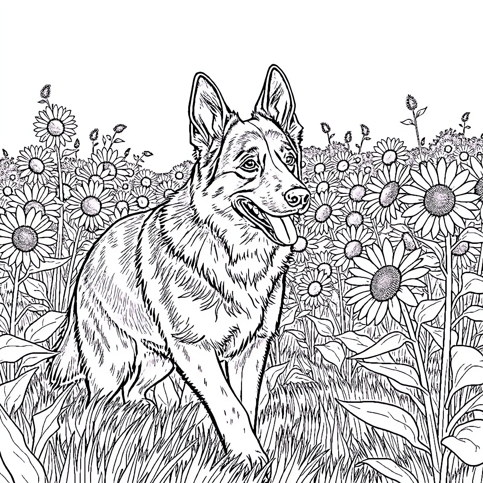 German Shepherd exploring a sunflower field Coloring Page (free black-and-white line drawing printable PDF for all, from beginners to advanced learners, including children, teens, adults, and seniors)
