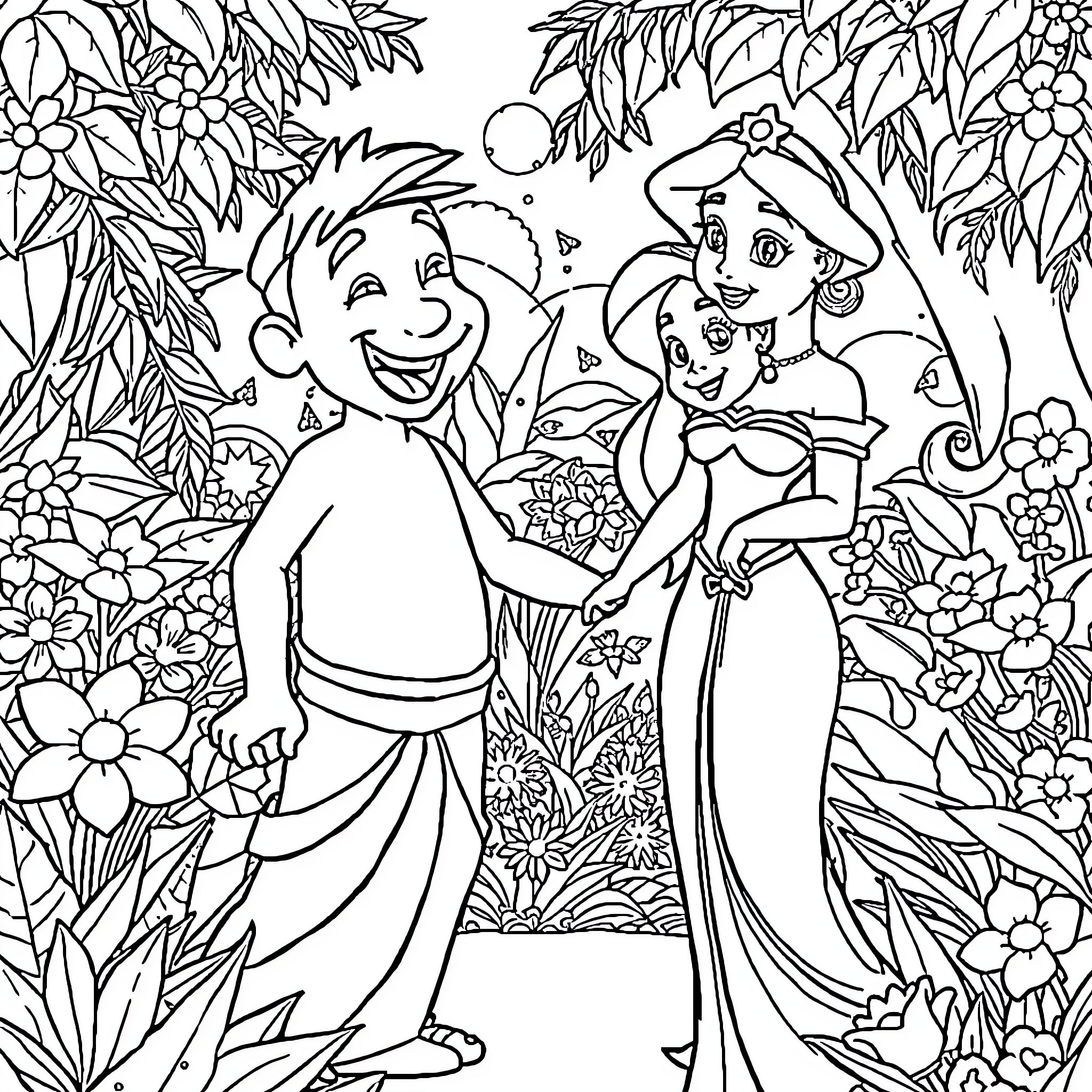 Abu and Jasmine's Enchanted Adventure Coloring Page (free black-and-white line drawing printable PDF for all, from beginners to advanced learners, including children, teens, adults, and seniors)
