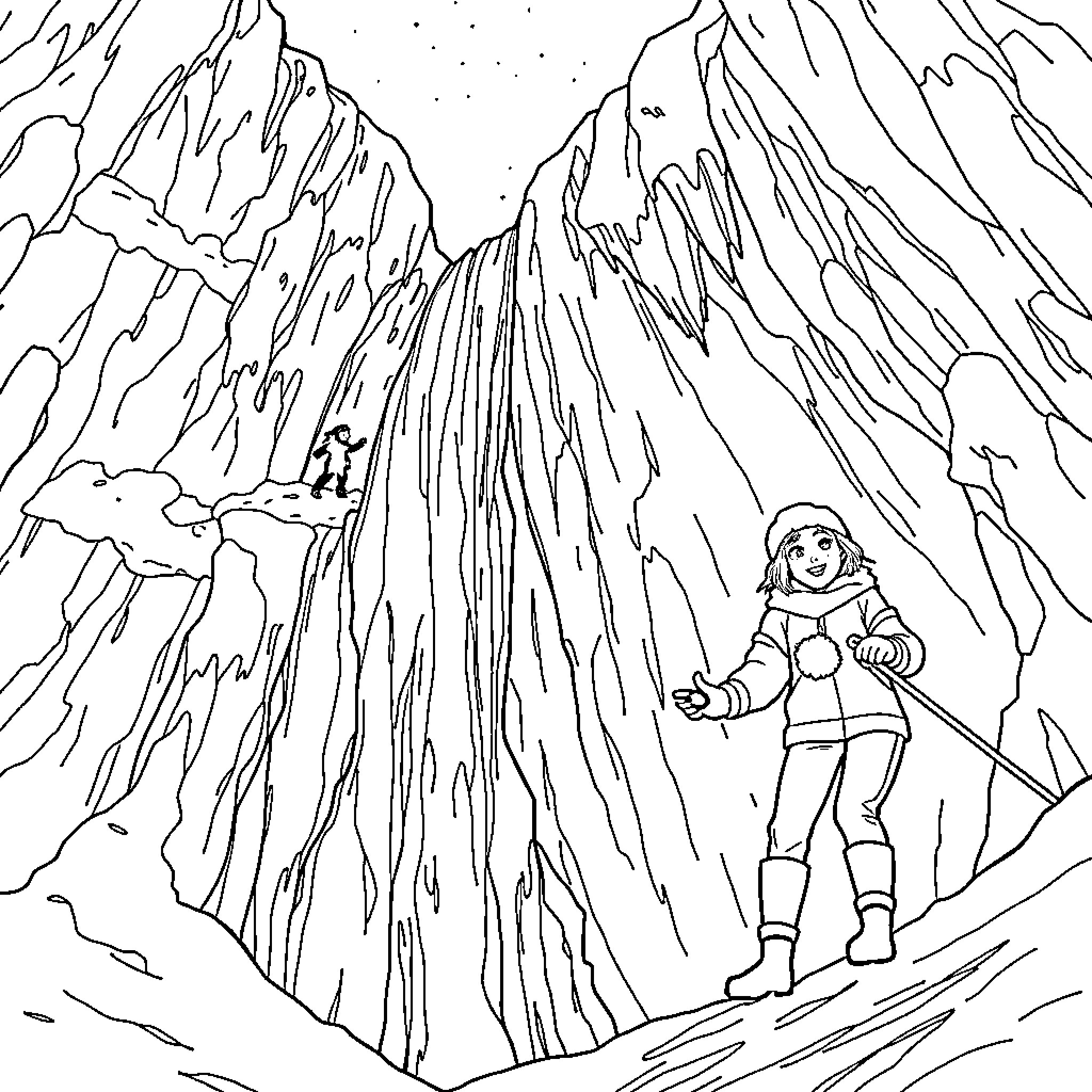Person hiking in rugged mountain landscape Coloring Page (free black-and-white line drawing printable PDF for all, from beginners to advanced learners, including children, teens, adults, and seniors)