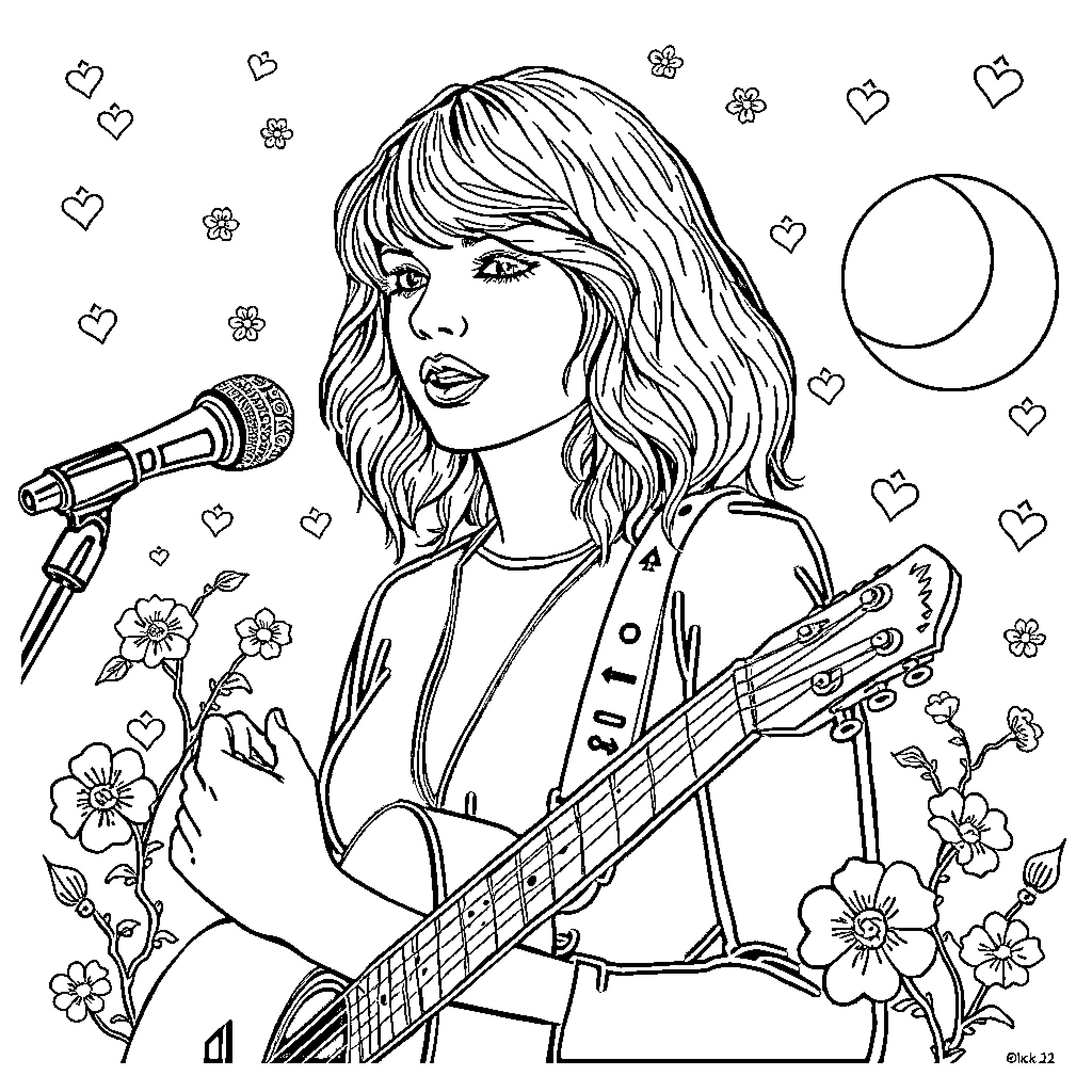 Taylor Swift performing with guitar and flowers Coloring Page (free black-and-white line drawing printable PDF for all, from beginners to advanced learners, including children, teens, adults, and seniors)