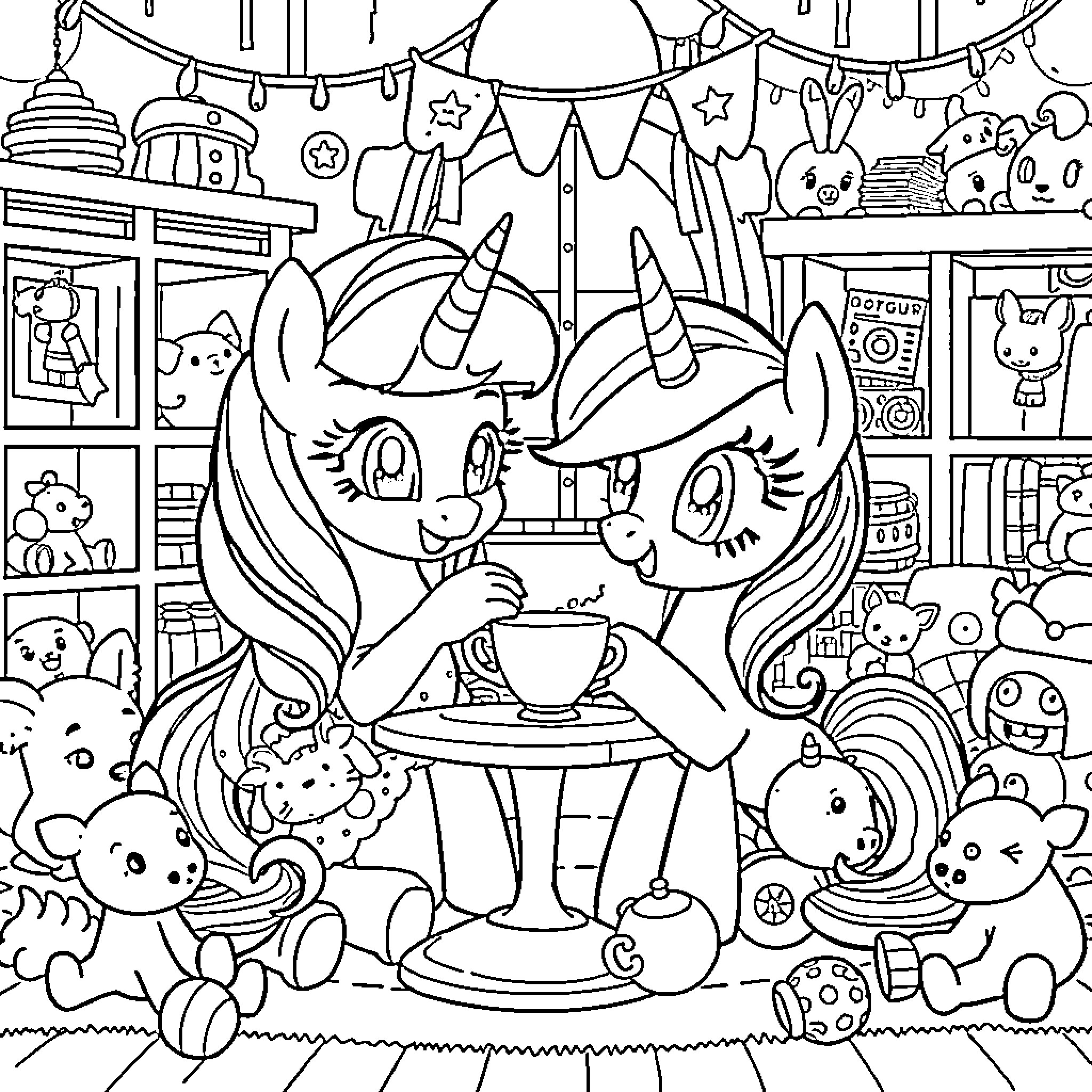 Bluey's Enchanting Unicorn Celebration Coloring Page (free black-and-white line drawing printable PDF for all, from beginners to advanced learners, including children, teens, adults, and seniors)