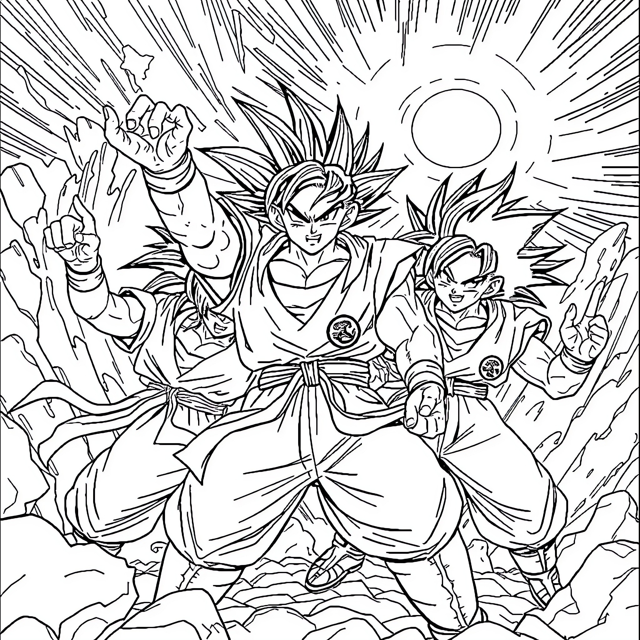 Dragon Ball Z: Characters in Powerful Battle Poses Coloring Page (free black-and-white line drawing printable PDF for all, from beginners to advanced learners, including children, teens, adults, and seniors)