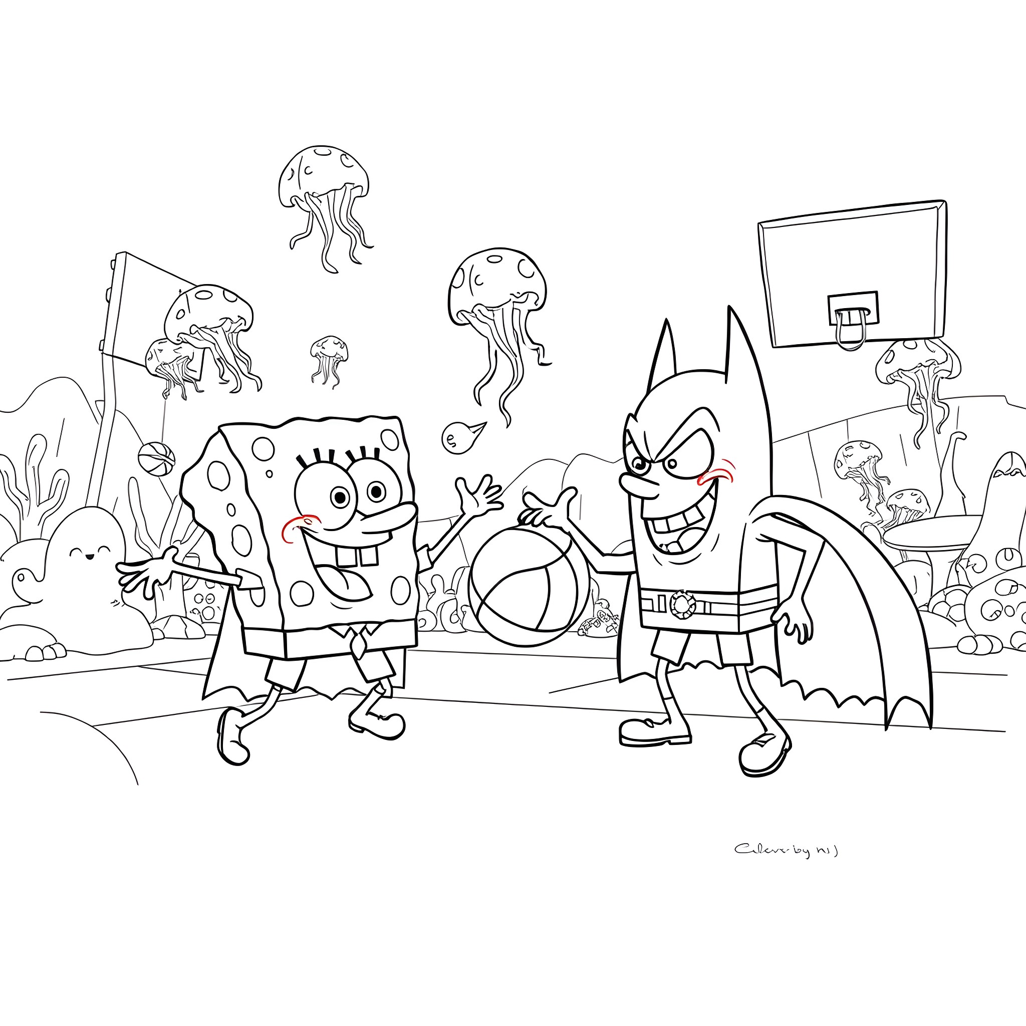 Spongebob and friends playing basketball in the underwater world Coloring Page (free black-and-white line drawing printable PDF for all, from beginners to advanced learners, including children, teens, adults, and seniors)