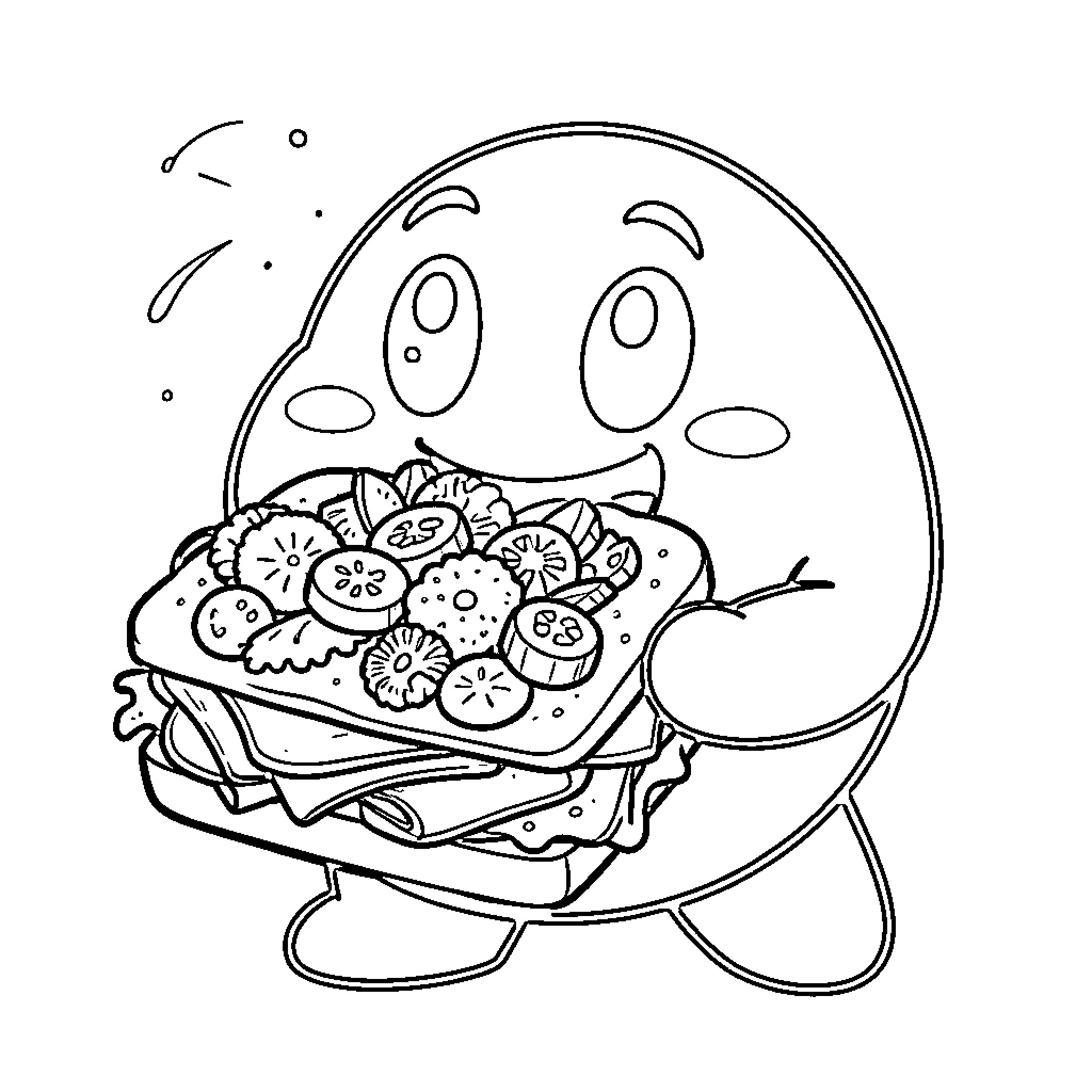 Kirby Enjoys a Tasty Sandwich Coloring Page (free black-and-white line drawing printable PDF for all, from beginners to advanced learners, including children, teens, adults, and seniors)
