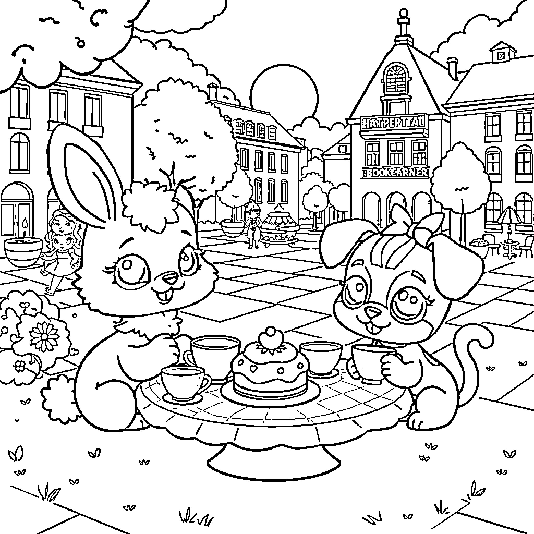 Littlest Pet Shop enjoying a treat in the town square Coloring Page (free black-and-white line drawing printable PDF for all, from beginners to advanced learners, including children, teens, adults, and seniors)