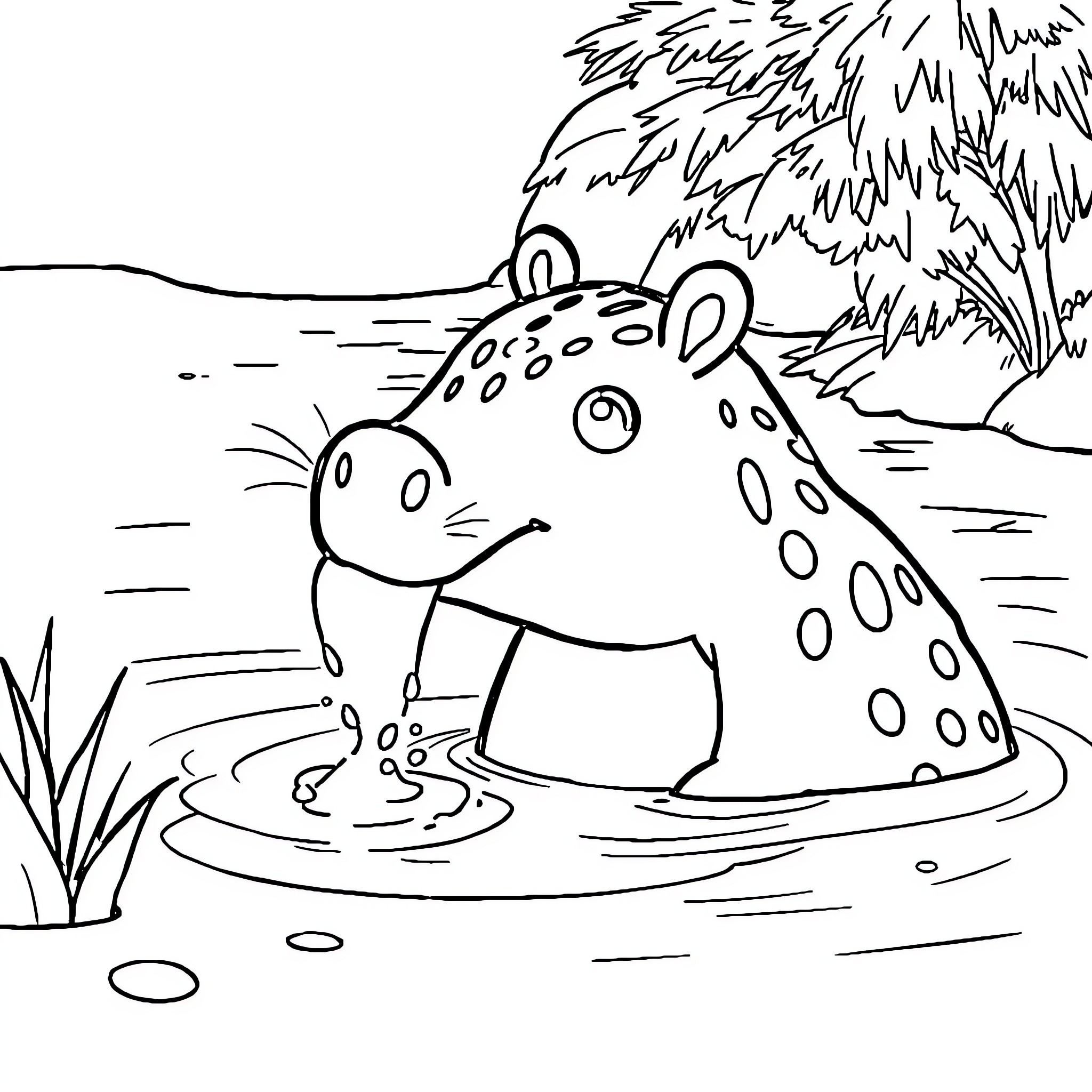 Capybara relaxing in a serene pond Coloring Page (free black-and-white line drawing printable PDF for all, from beginners to advanced learners, including children, teens, adults, and seniors)