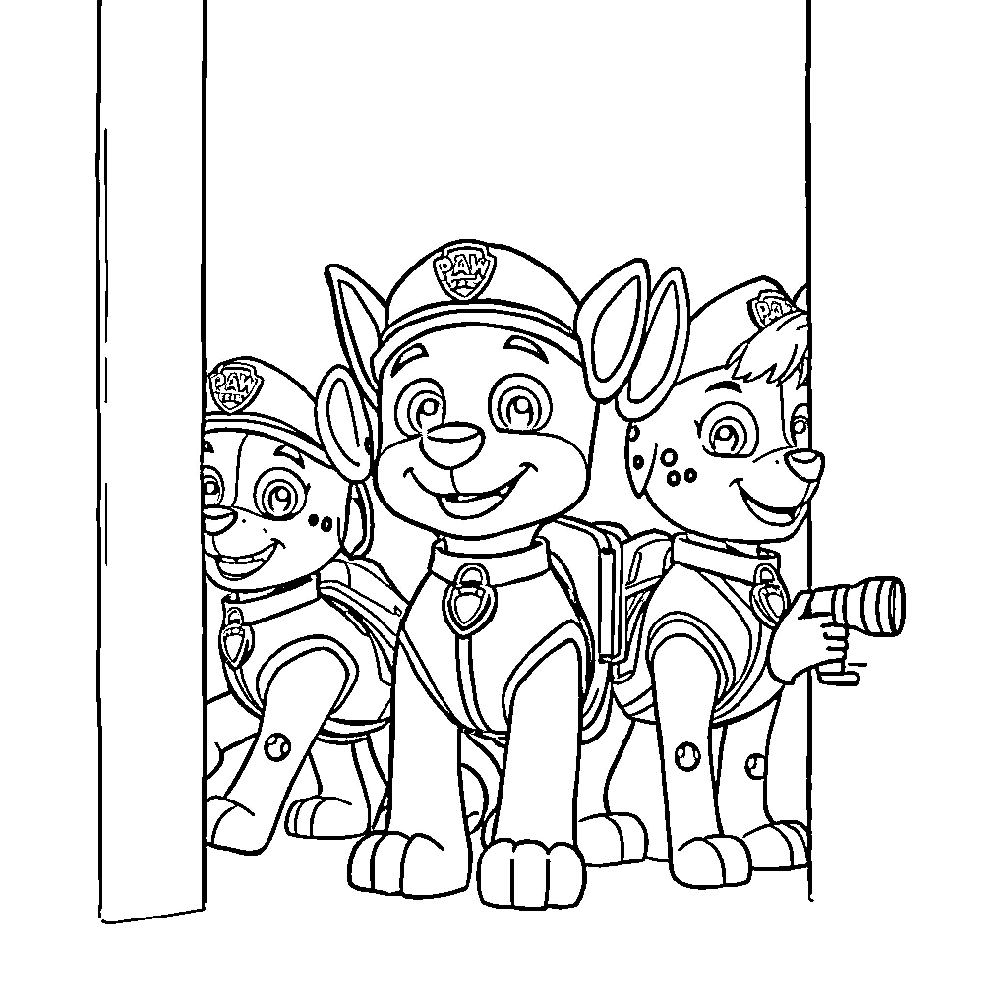 Paw Patrol characters in action poses Coloring Page (free black-and-white line drawing printable PDF for all, from beginners to advanced learners, including children, teens, adults, and seniors)