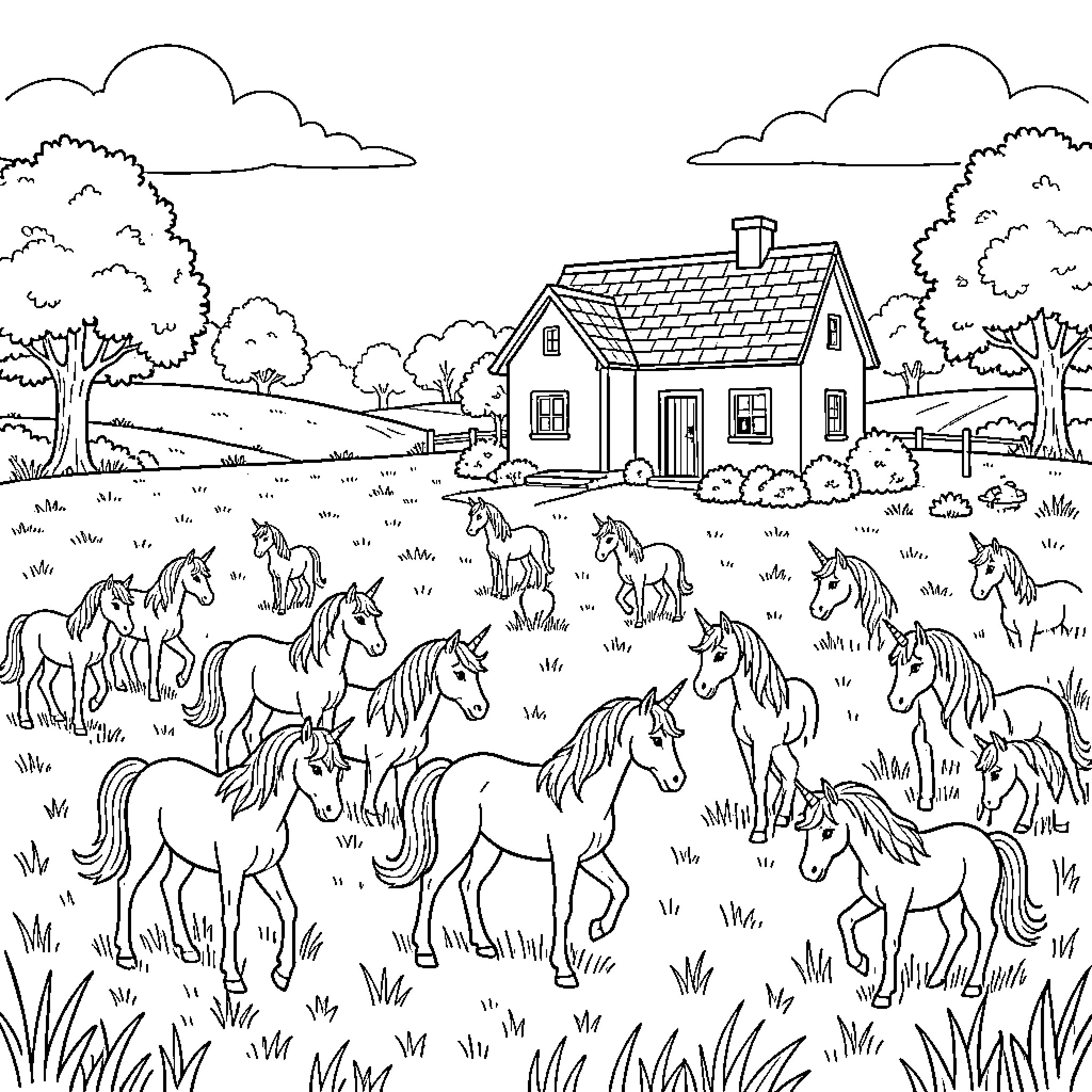Unicorns grazing peacefully in a meadow near a house Coloring Page (free black-and-white line drawing printable PDF for all, from beginners to advanced learners, including children, teens, adults, and seniors)
