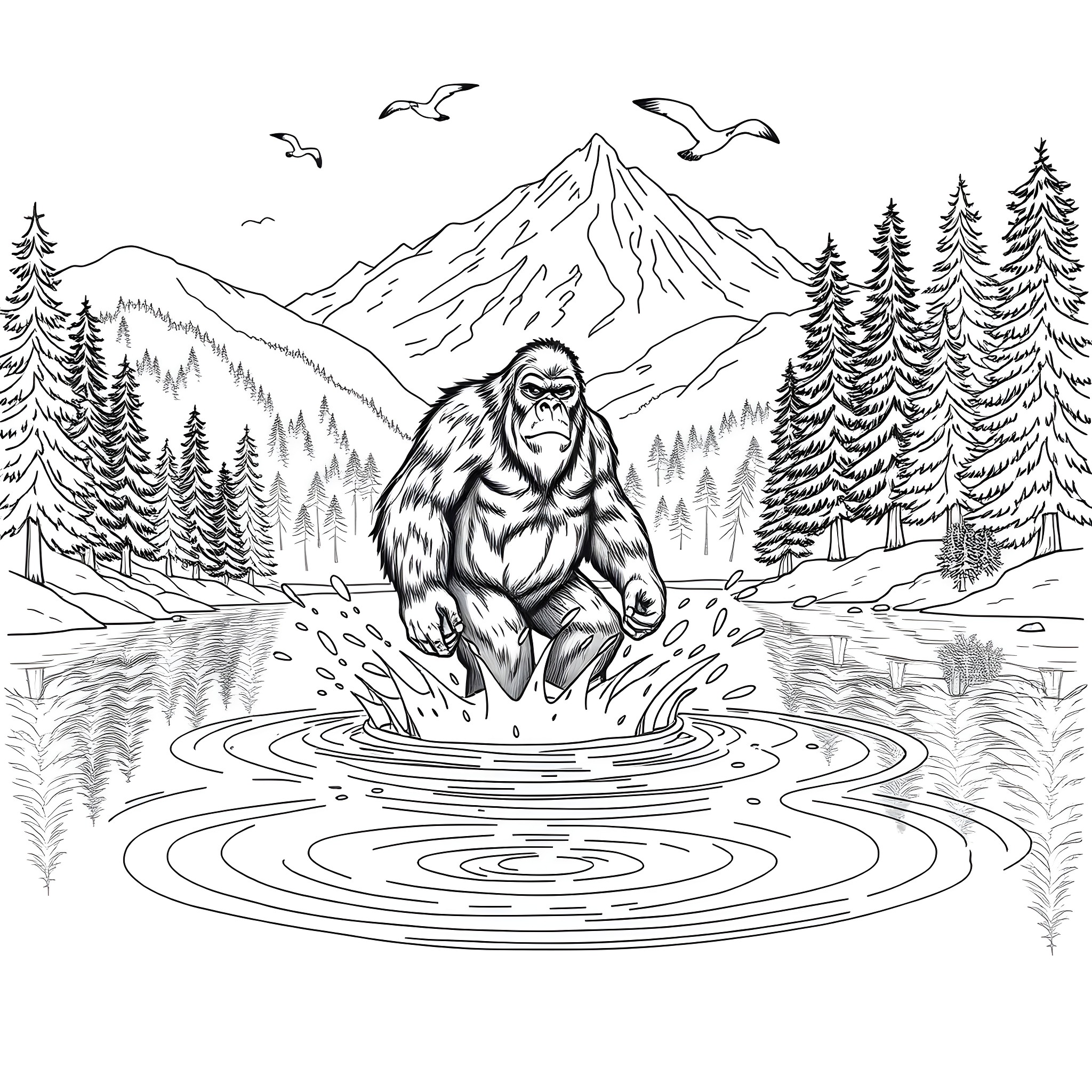 Bigfoot wading in the serene mountain lake Coloring Page (free black-and-white line drawing printable PDF for all, from beginners to advanced learners, including children, teens, adults, and seniors)